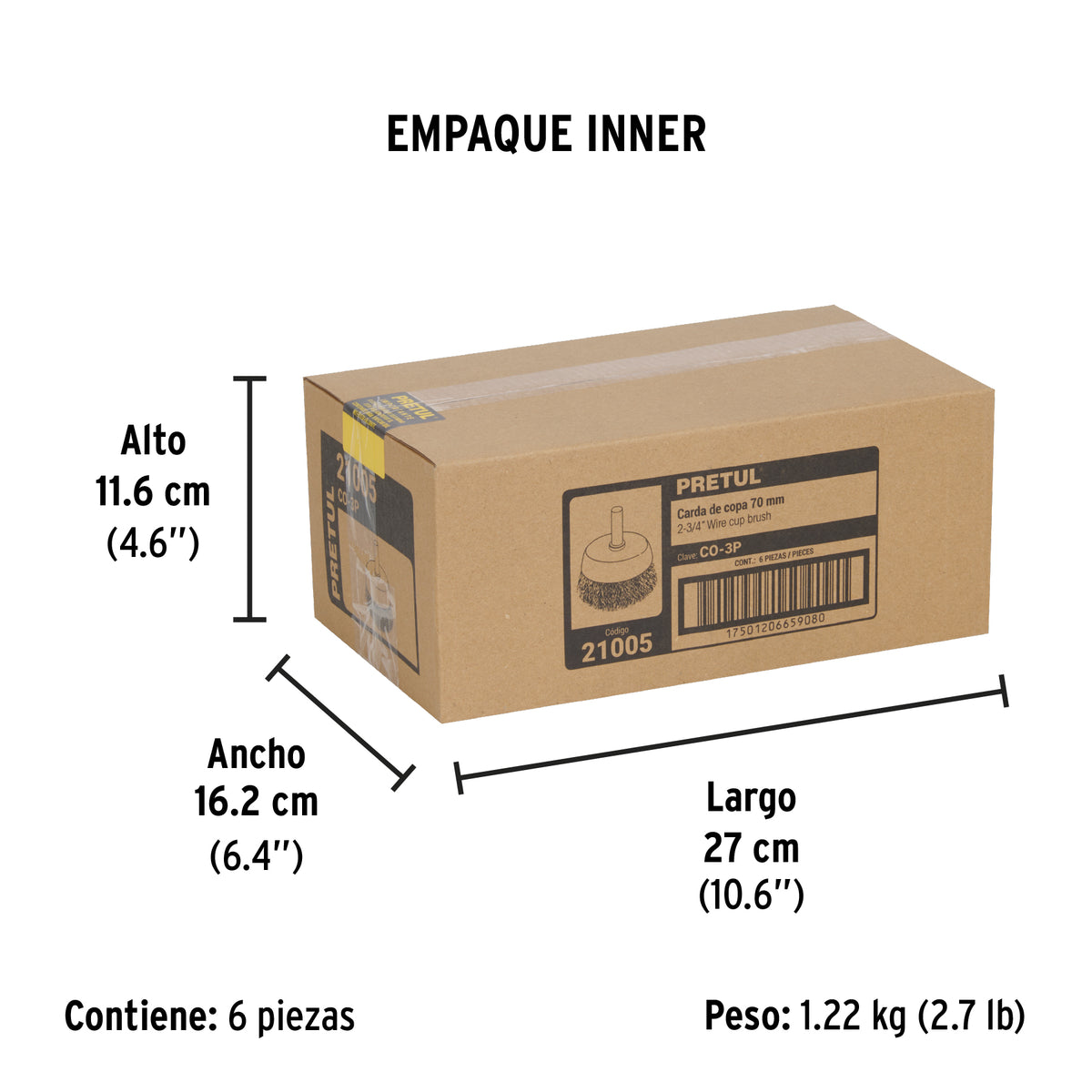 Carda de copa, alambre trenzado grueso, 3" p/taladro, Pretul