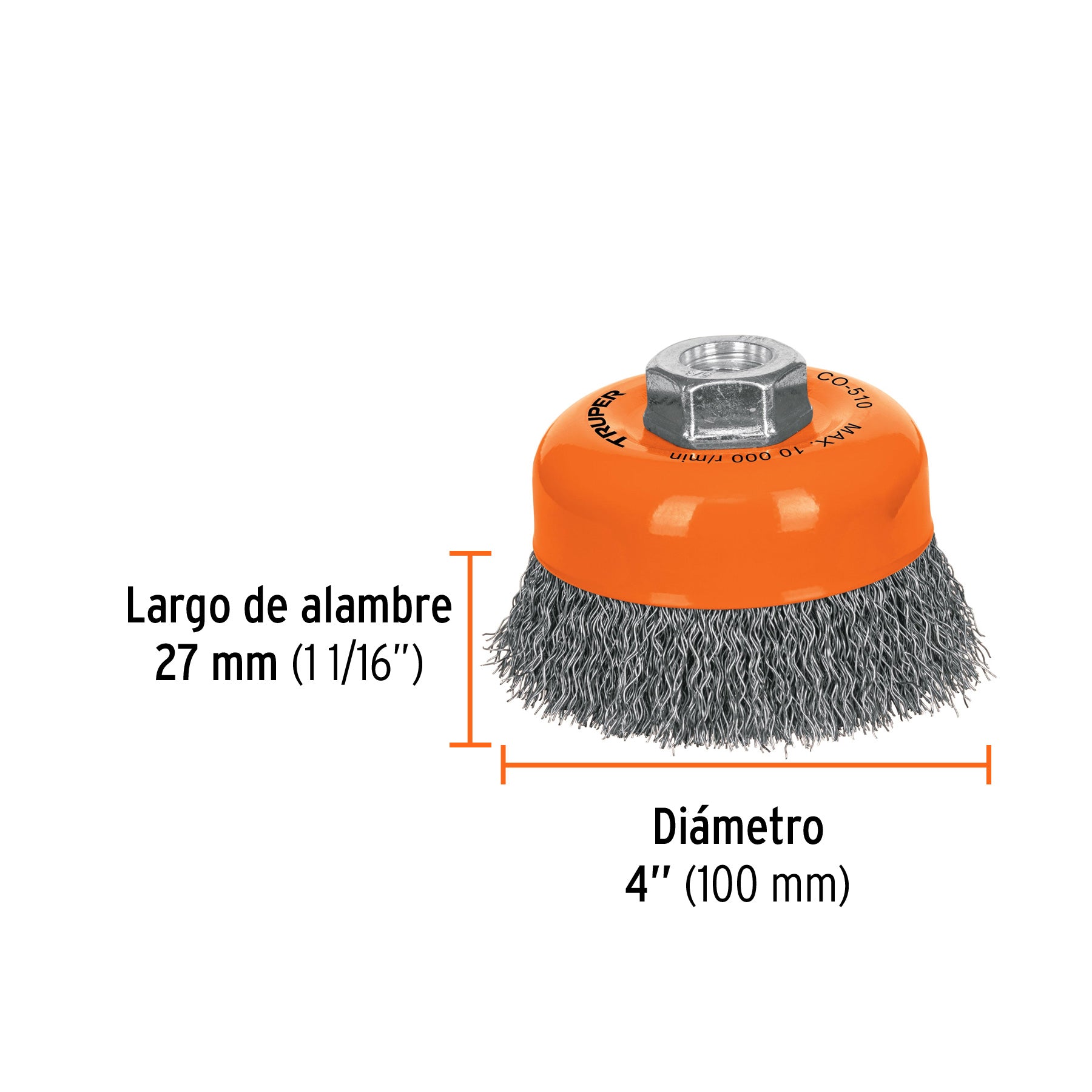 Carda de copa, alambre ondulado, 4" para esmeril