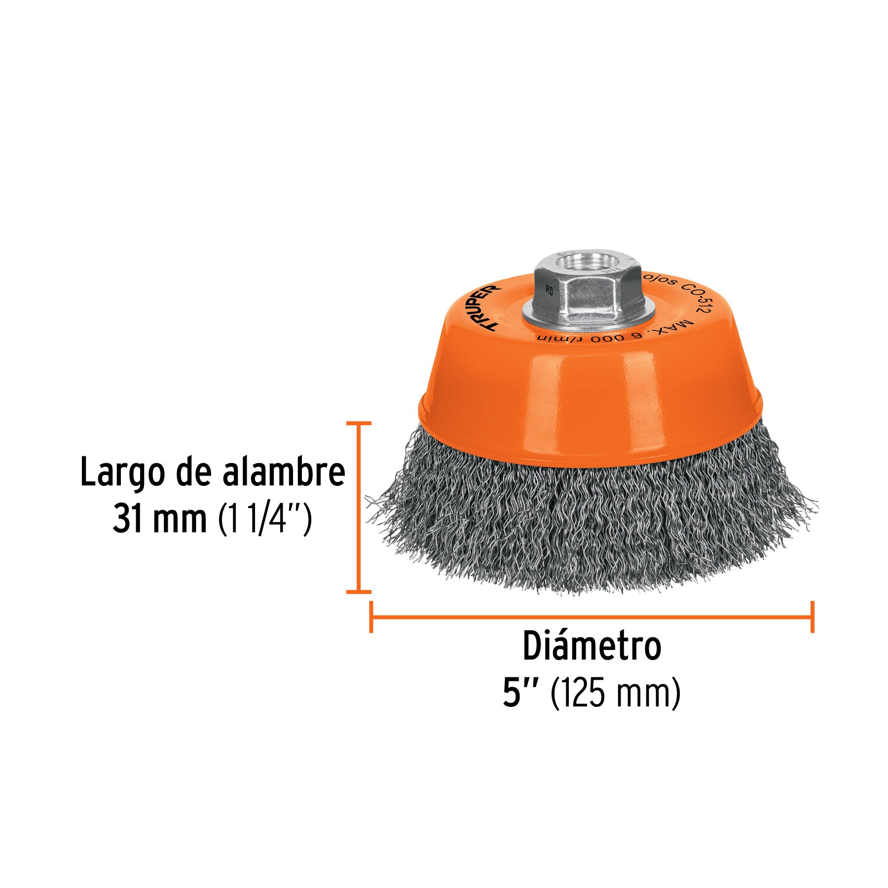 Carda de copa, alambre ondulado, 5" para esmeril