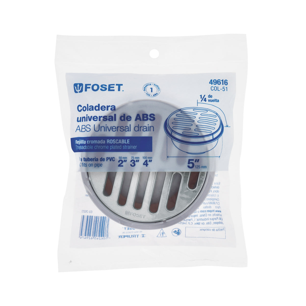 Coladera universal de polipropileno 5", rejilla cromada