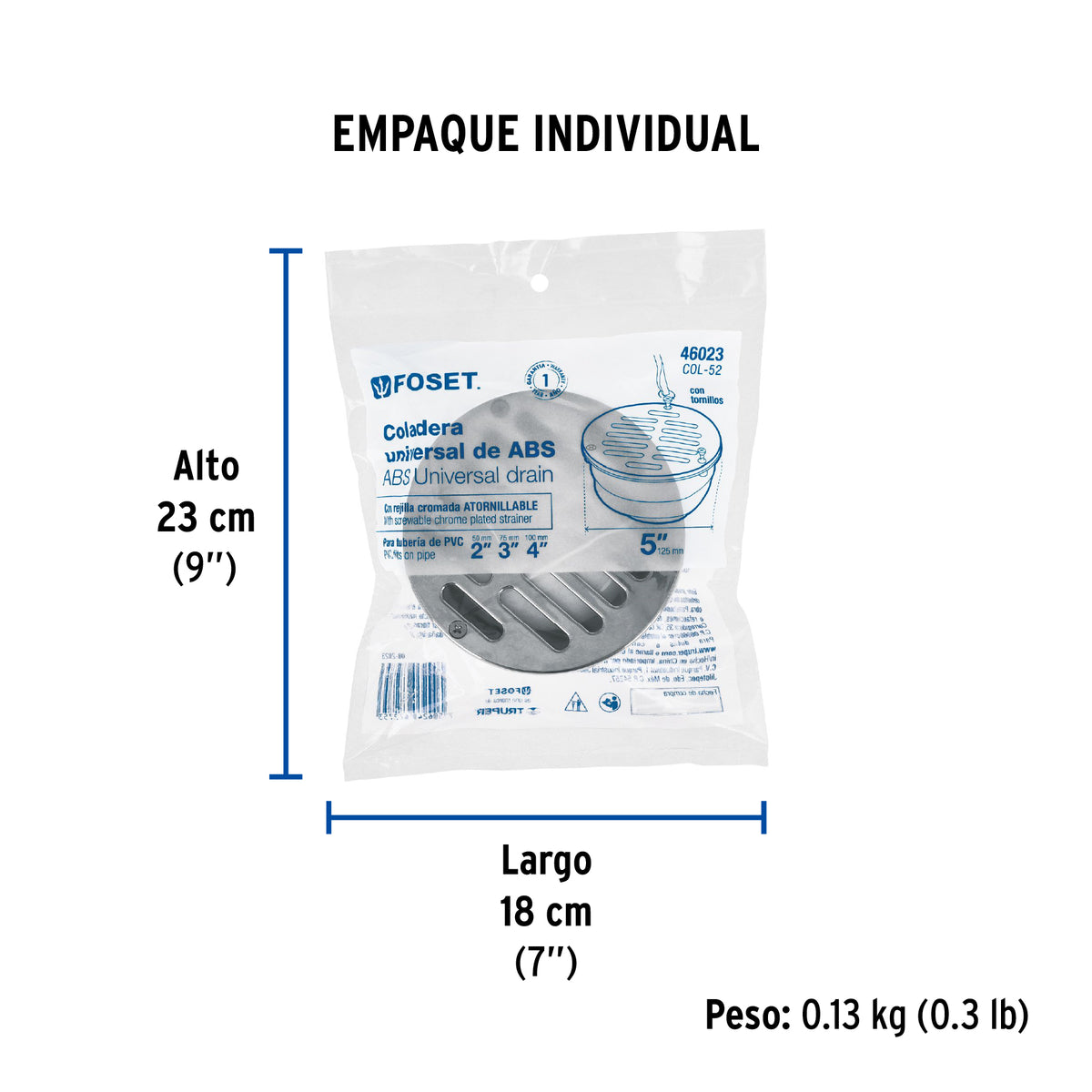 Coladera universal ABS 5", rejilla con 3 tornillos