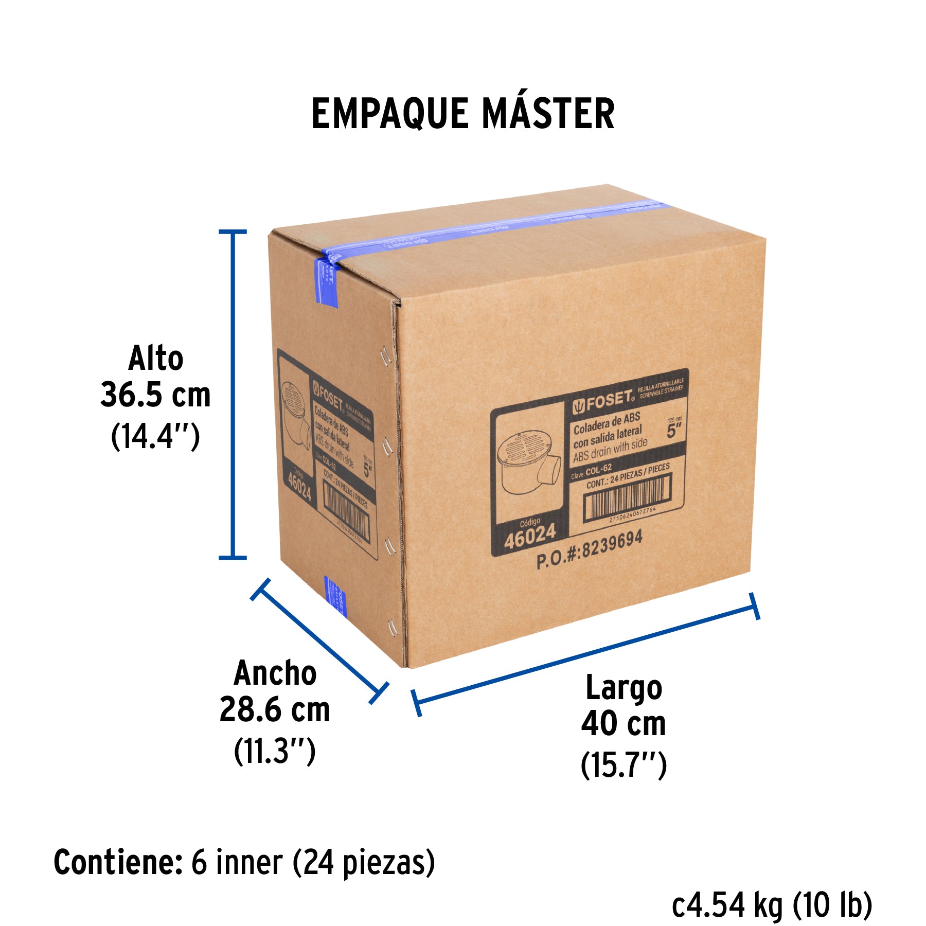Coladera ABS 5", salida lateral 2", rejilla con 3 tornillos