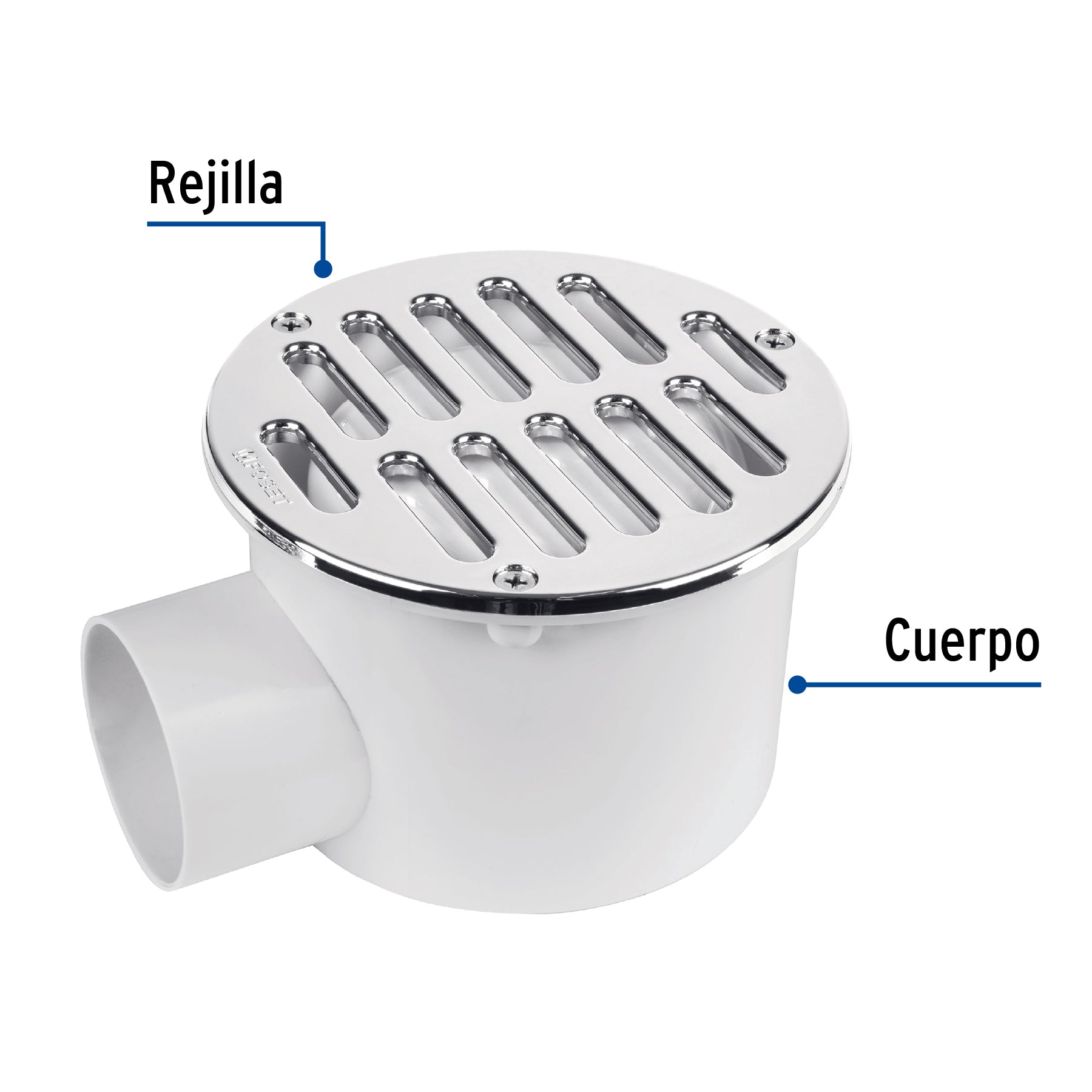 Coladera ABS 5", salida lateral 2", rejilla con 3 tornillos