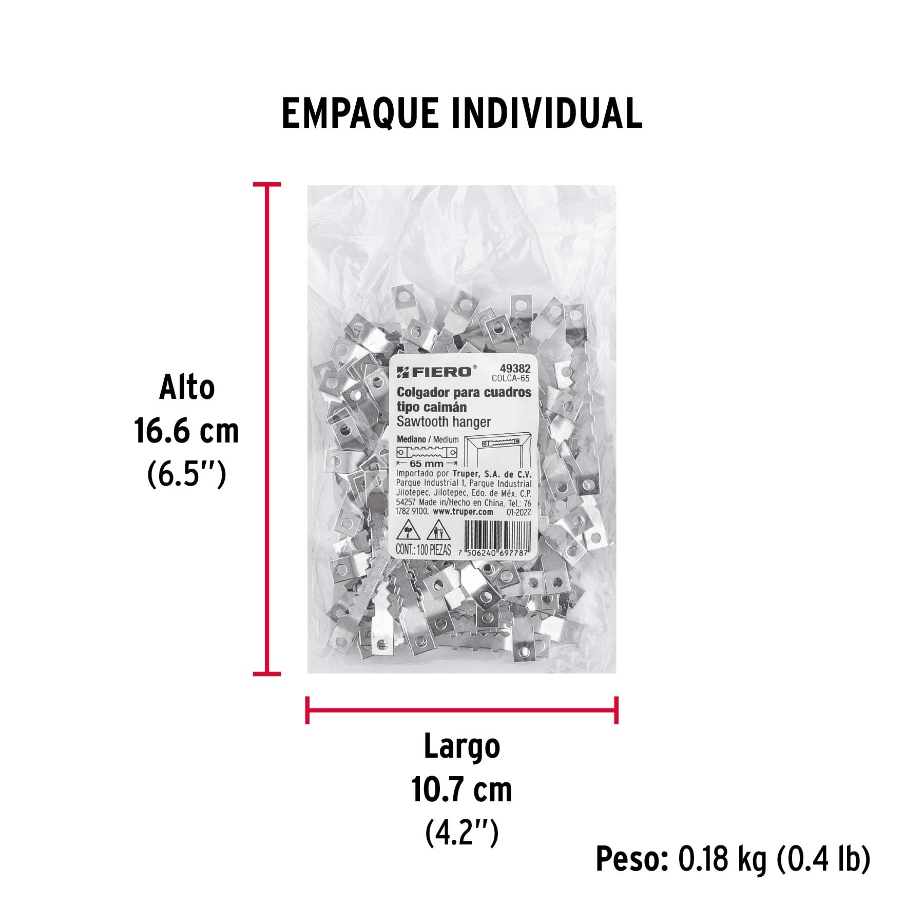 Bolsa con 100 colgadores de 65 mm tipo caimán, Fiero