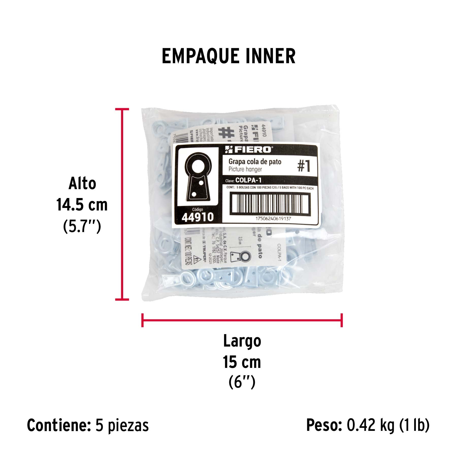Cola de pato #1, 2.5 cm, bolsa 100 piezas