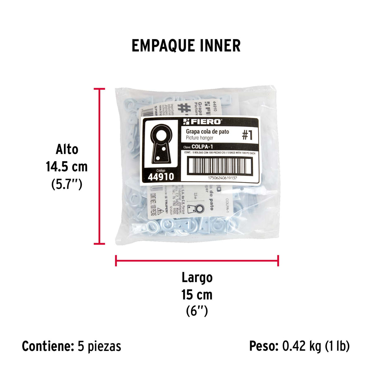 Cola de pato #1, 2.5 cm, bolsa 100 piezas