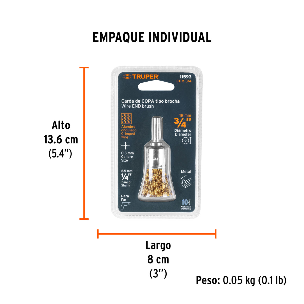 Carda de copa, alambre grueso, 3/4" para taladro