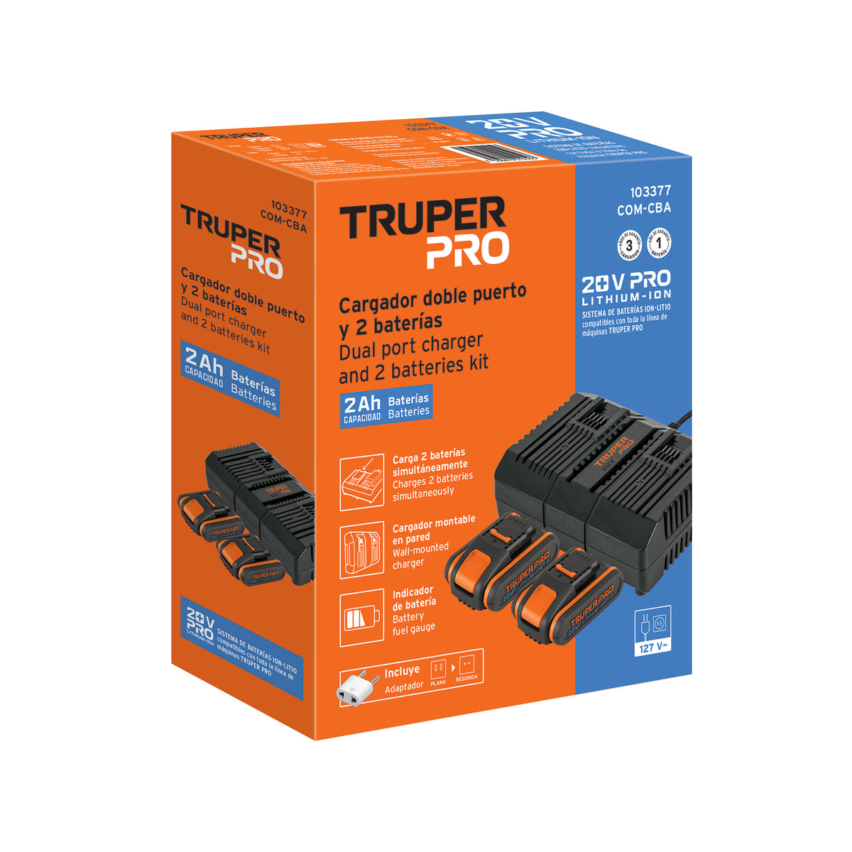 Combo cargador dual con 2 baterías de 2Ah, 20V, TRUPER PRO