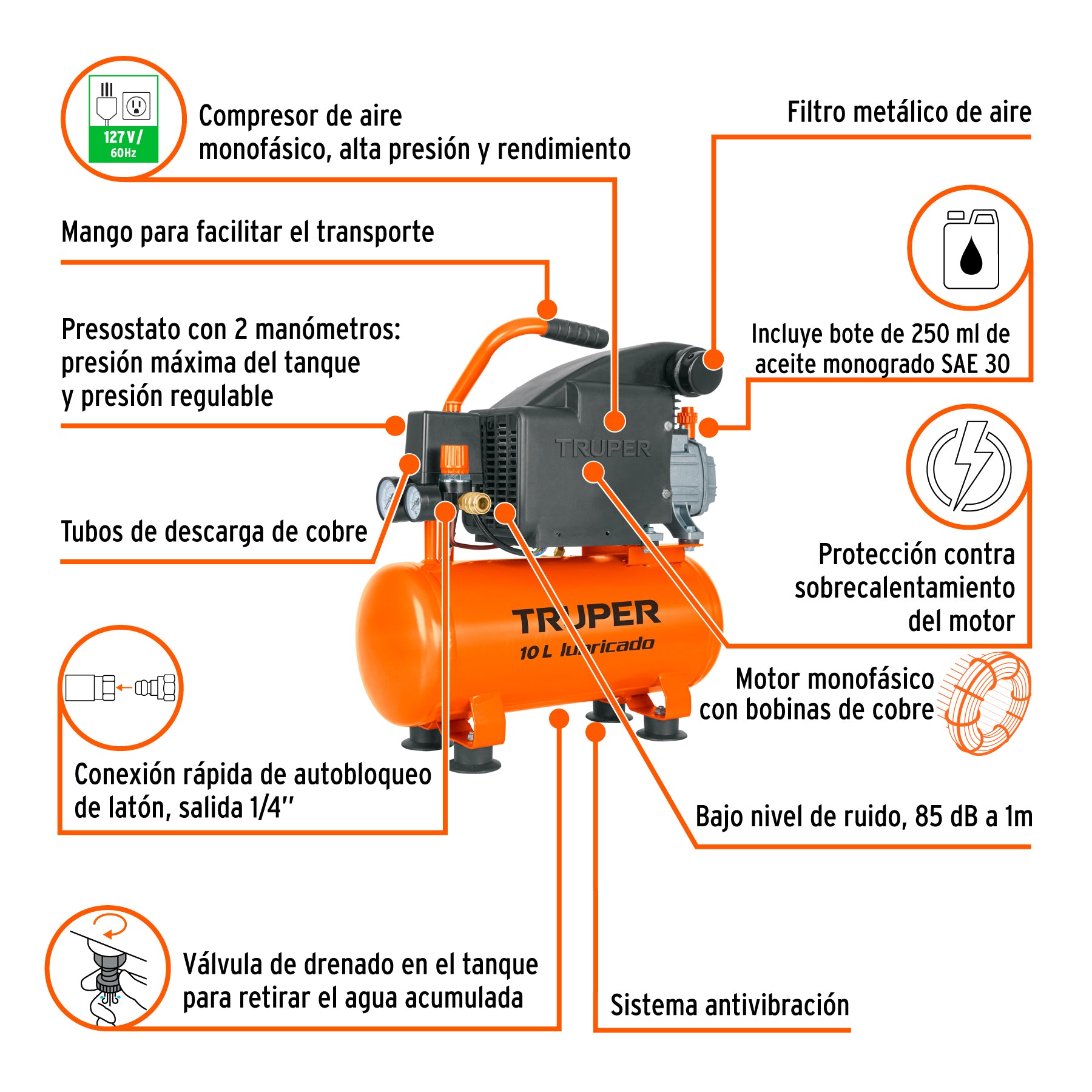 Compresor horizontal 10L, 2 HP (potencia máxima), 127 V