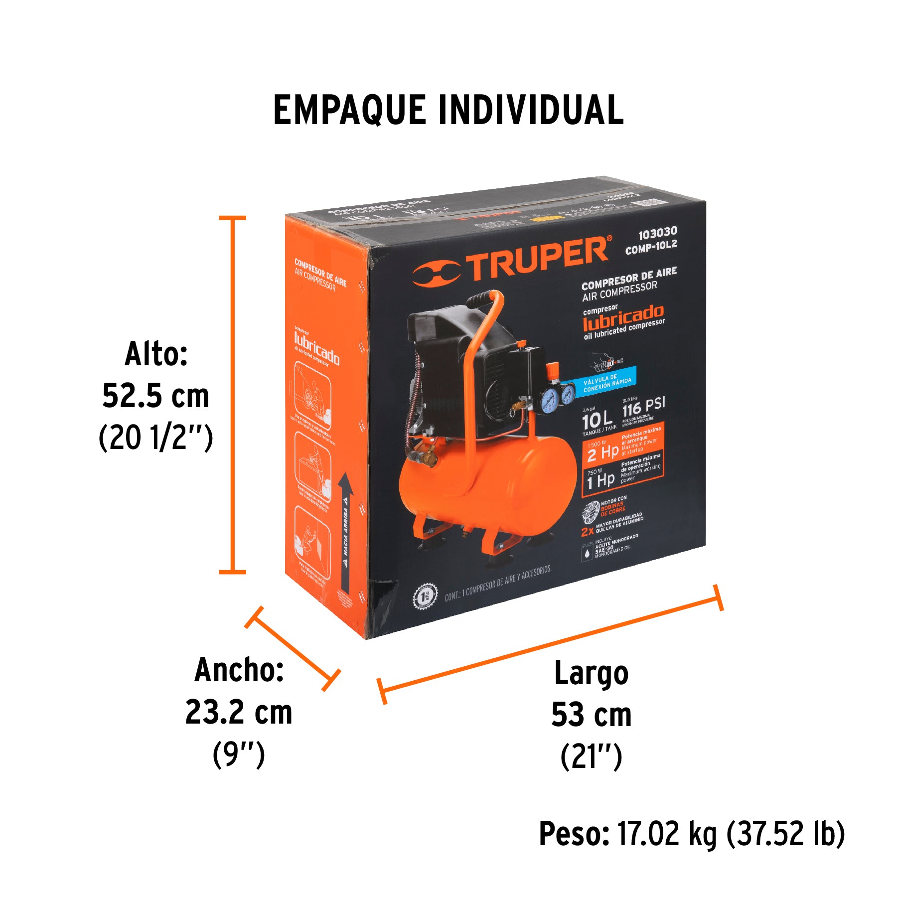 Compresor horizontal 10L, 2 HP (potencia máxima), 127 V