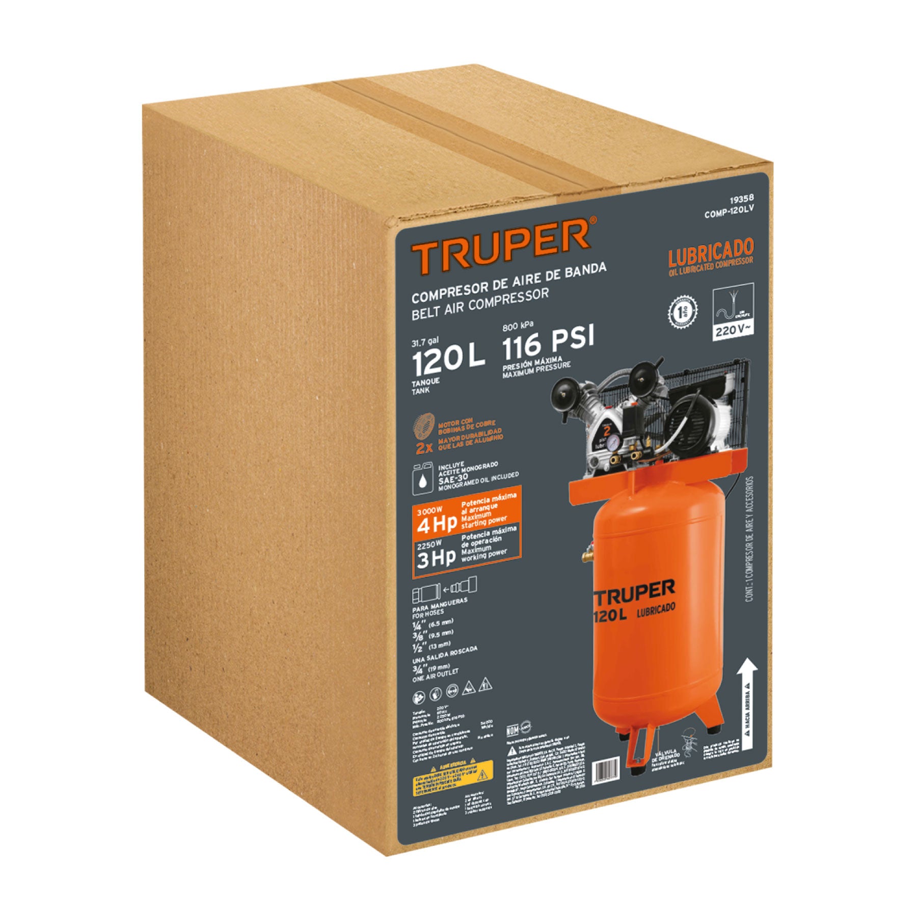 Compresor vertical 120 L, 4 HP (potencia máxima ), 220 V