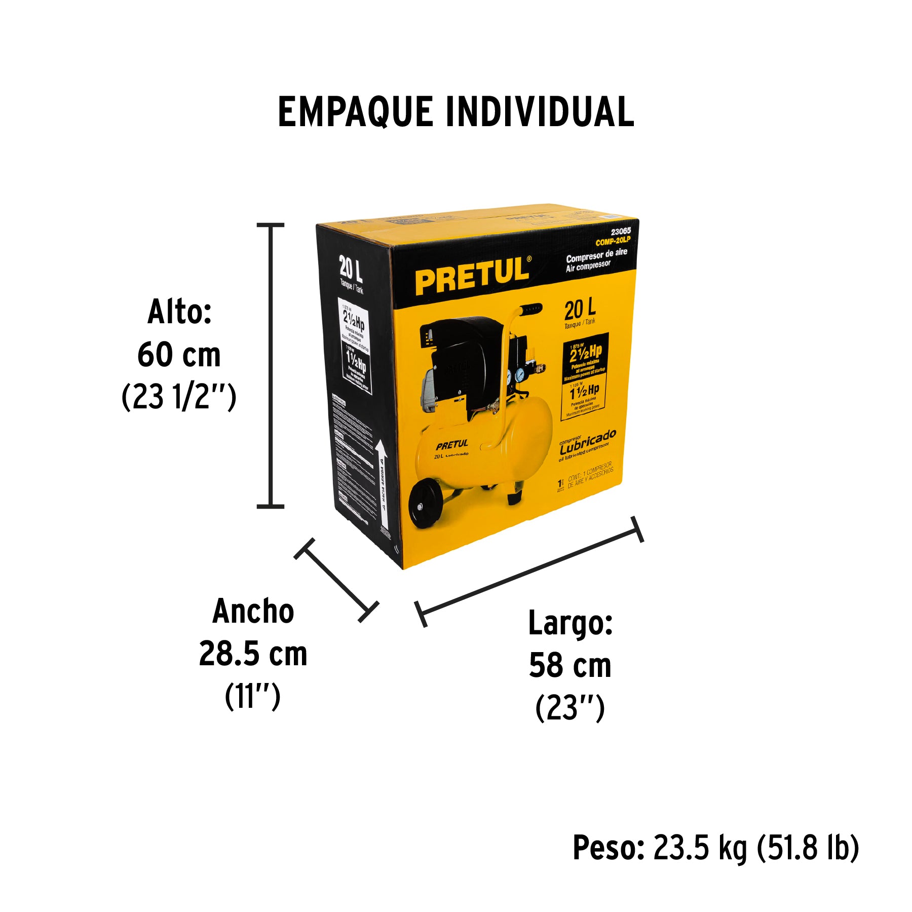Compresor, 20 L, 3-1/2 HP (potencia máxima), 120 V, Pretul
