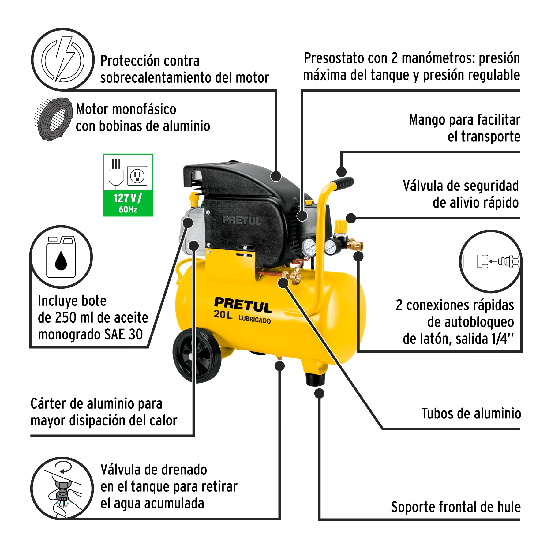 Compresor, 20 L, 3-1/2 HP (potencia máxima), 120 V, Pretul