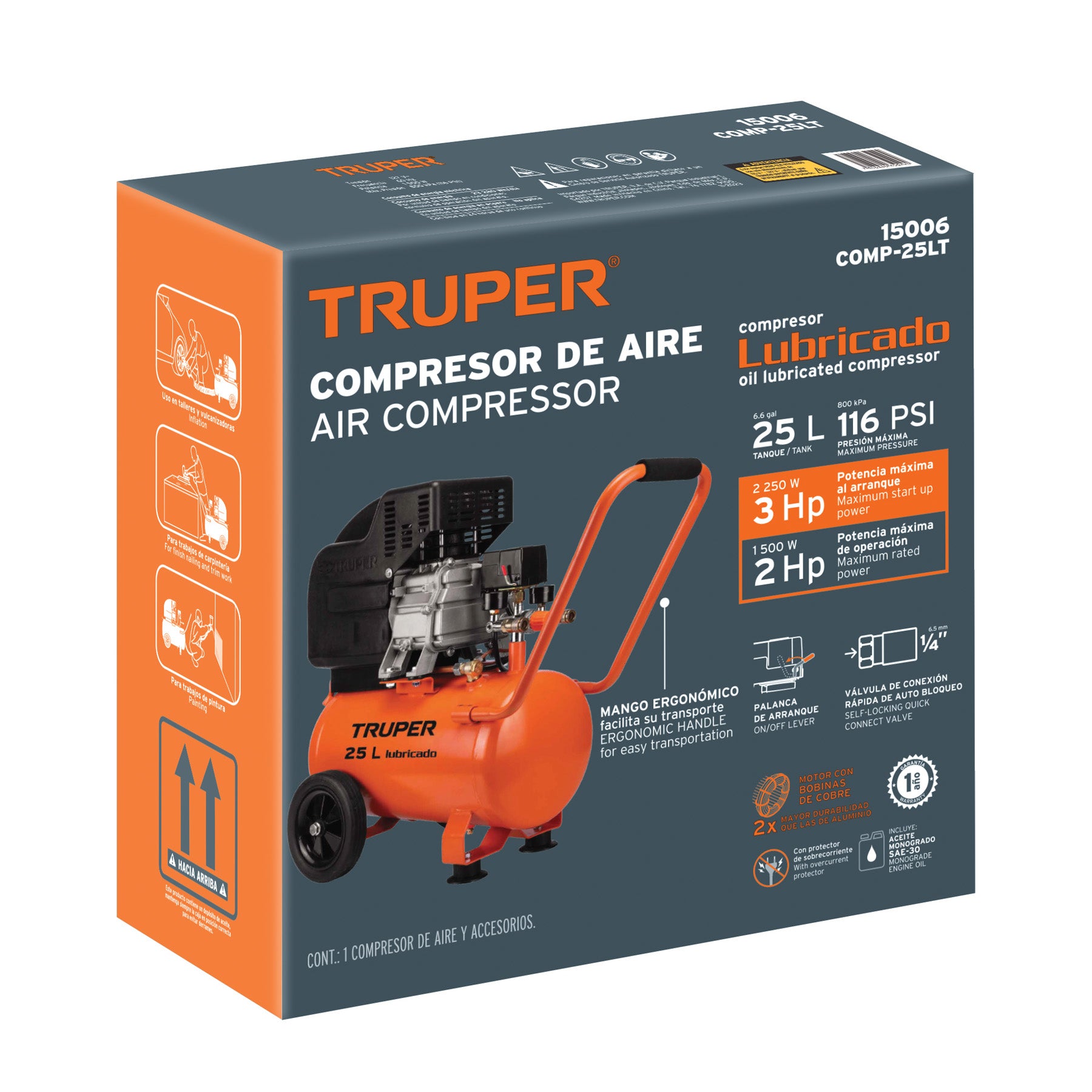 Compresor horizontal, 25 L, 3-1/2" HP (potencia máx), 120 V