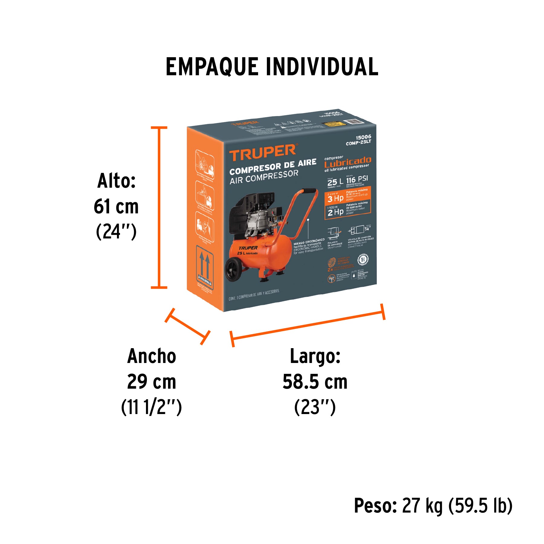 Compresor horizontal, 25 L, 3-1/2" HP (potencia máx), 120 V