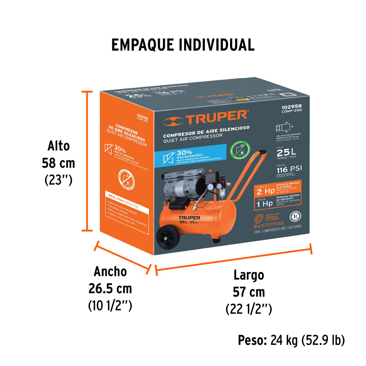Compresor de aire, silencioso libre de aceite, 25 L, 2 HP