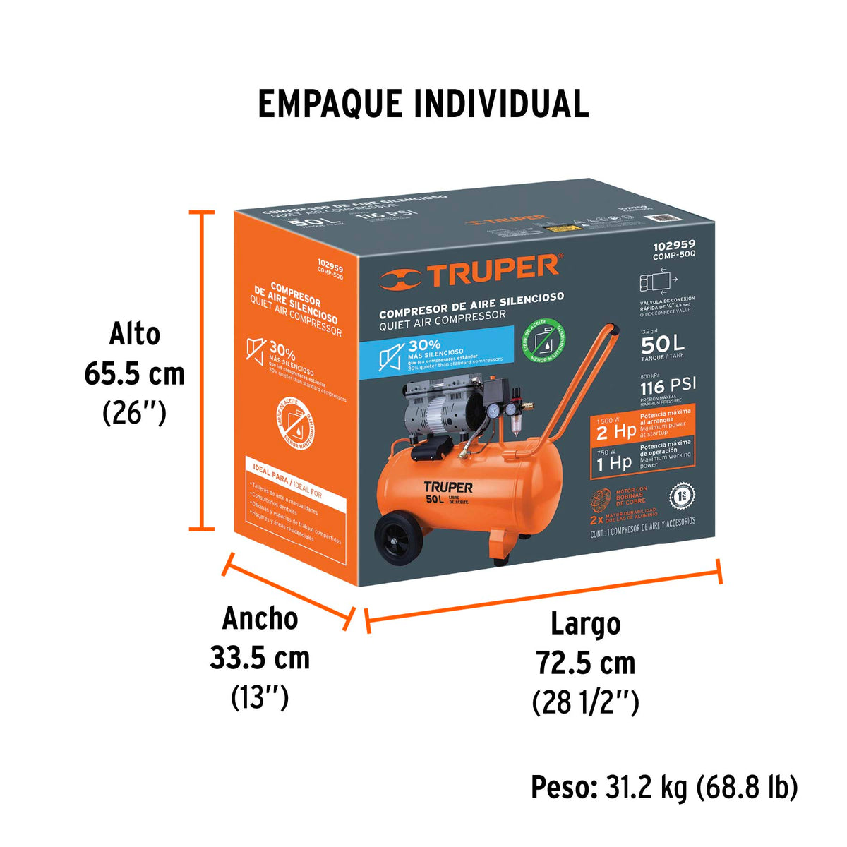 Compresor de aire, silencioso libre de aceite, 50 L, 2 HP
