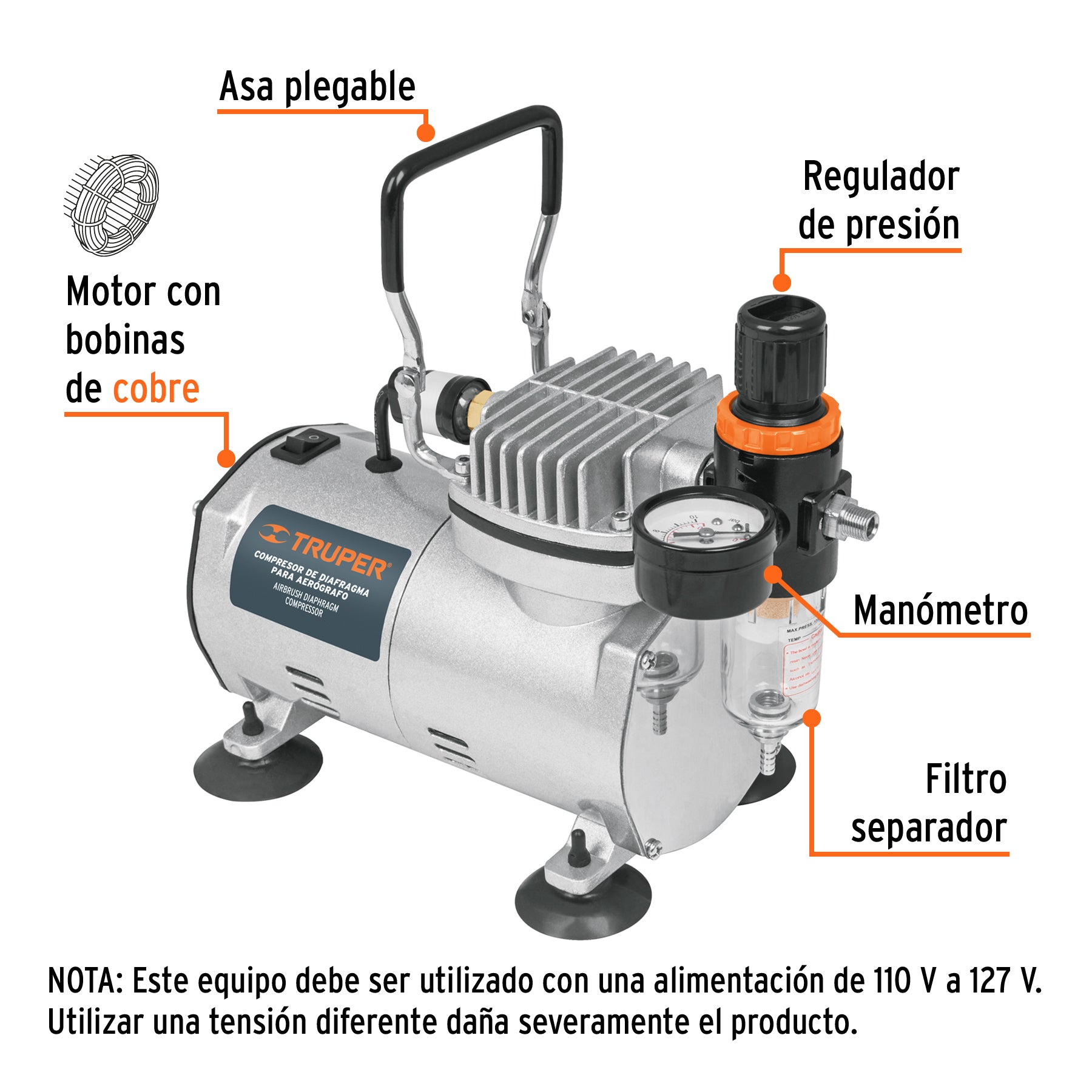 Compresor de diafragma para aerógrafo, 1/5 HP, 110 V