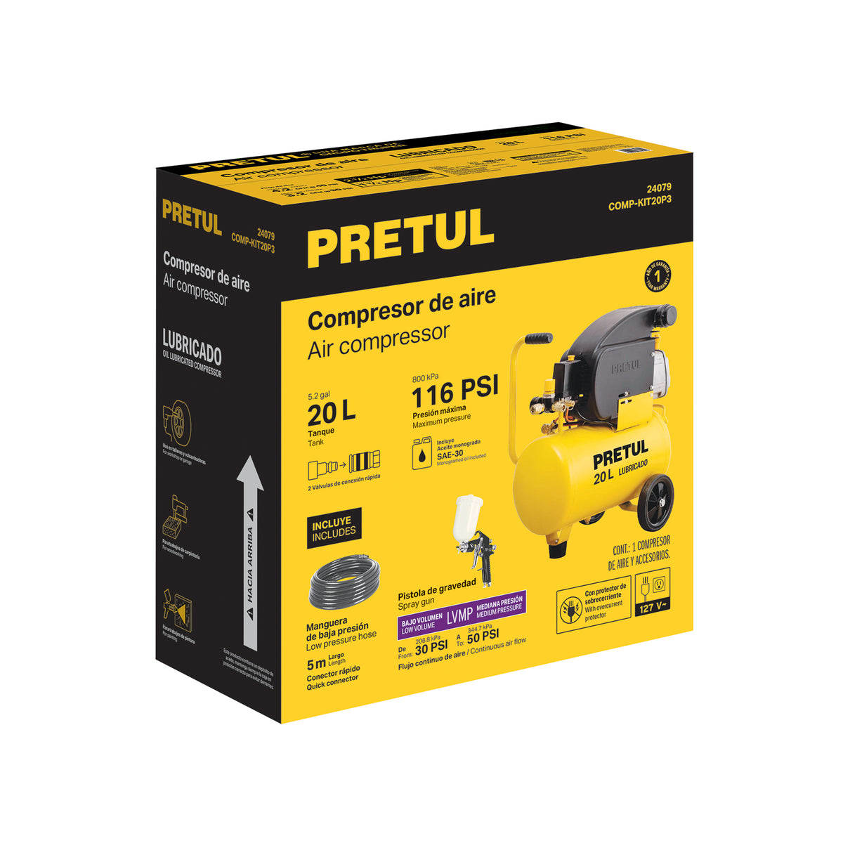 Kit compresor 20L, pistola gravedad LVMP y manguera,Pretul
