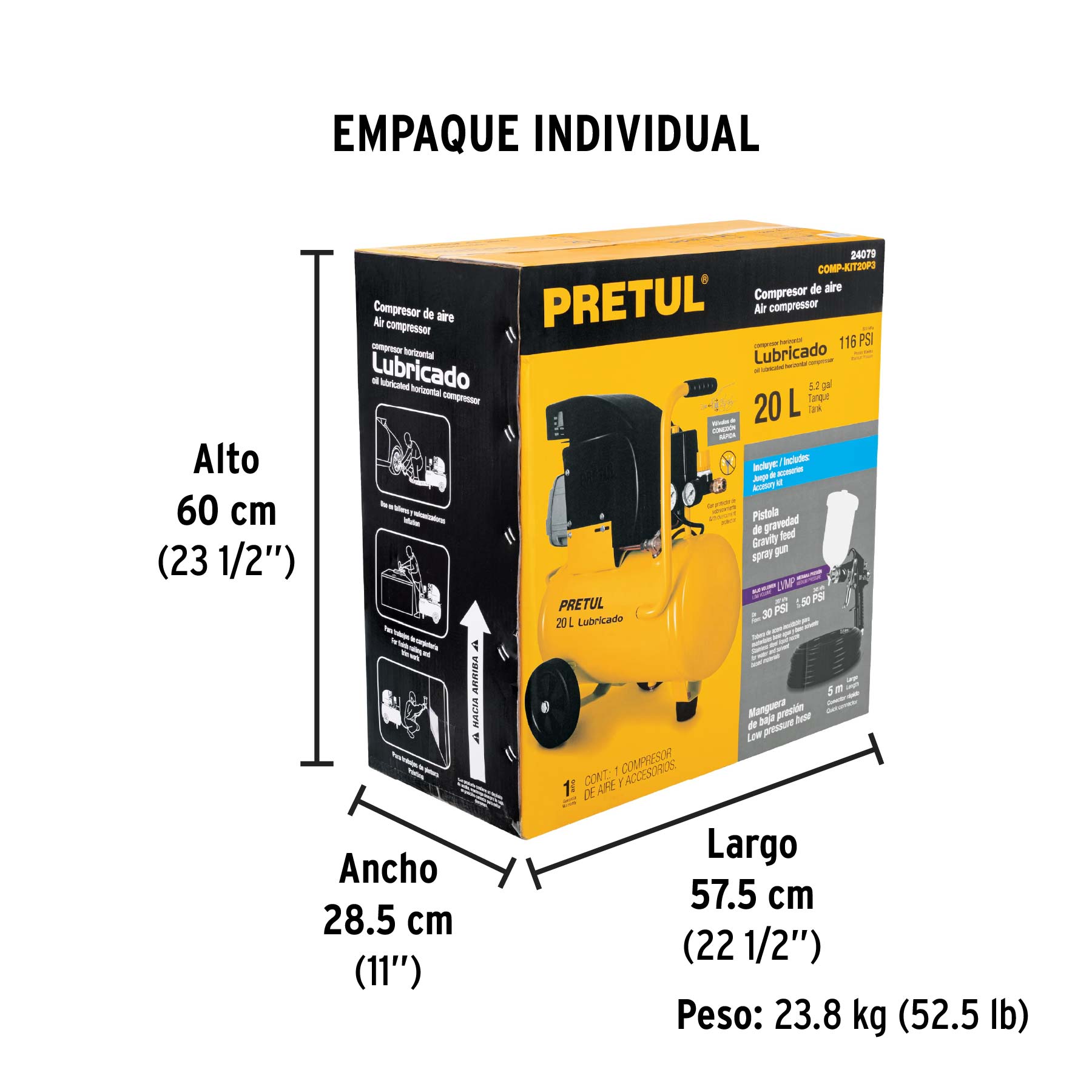 Kit compresor 20L, pistola gravedad LVMP y manguera,Pretul
