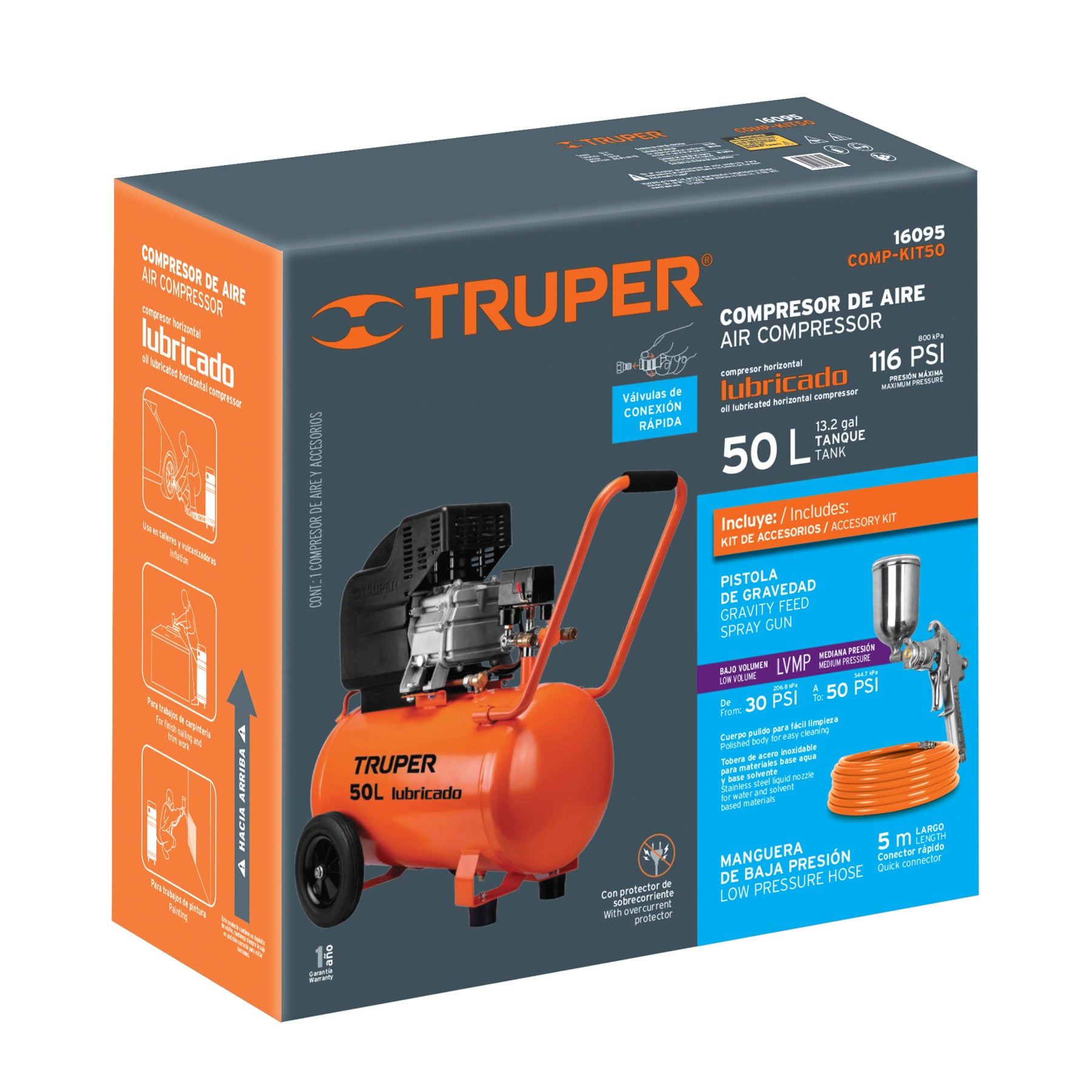 Kit, compresor 50 L, 4-1/2 HP, manguera de PVC y pistola