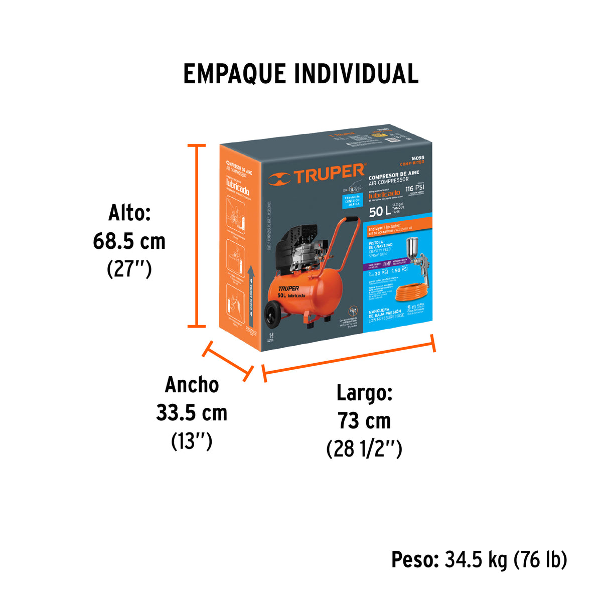 Kit, compresor 50 L, 4-1/2 HP, manguera de PVC y pistola