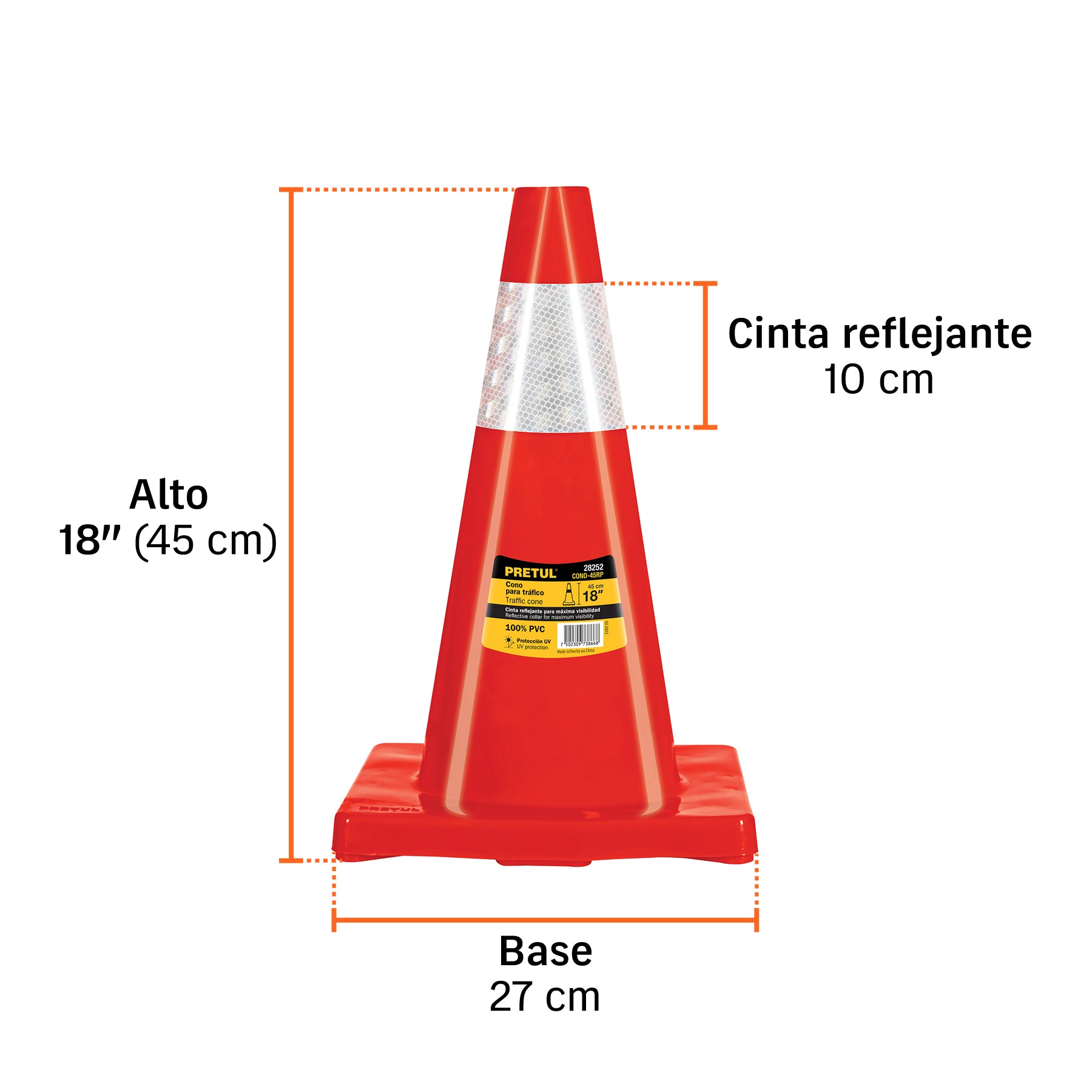 Cono de precaución de 45 cm de PVC con reflejante, Pretul
