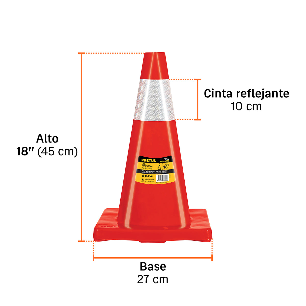 Cono de precaución de 45 cm de PVC con reflejante, Pretul