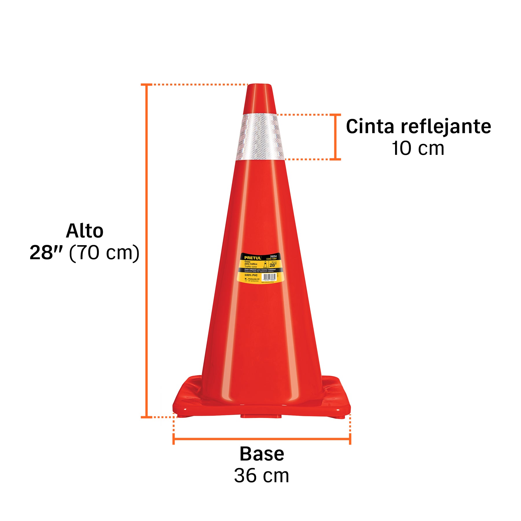 Cono de precaución de 70 cm de PVC con reflejante, Pretul