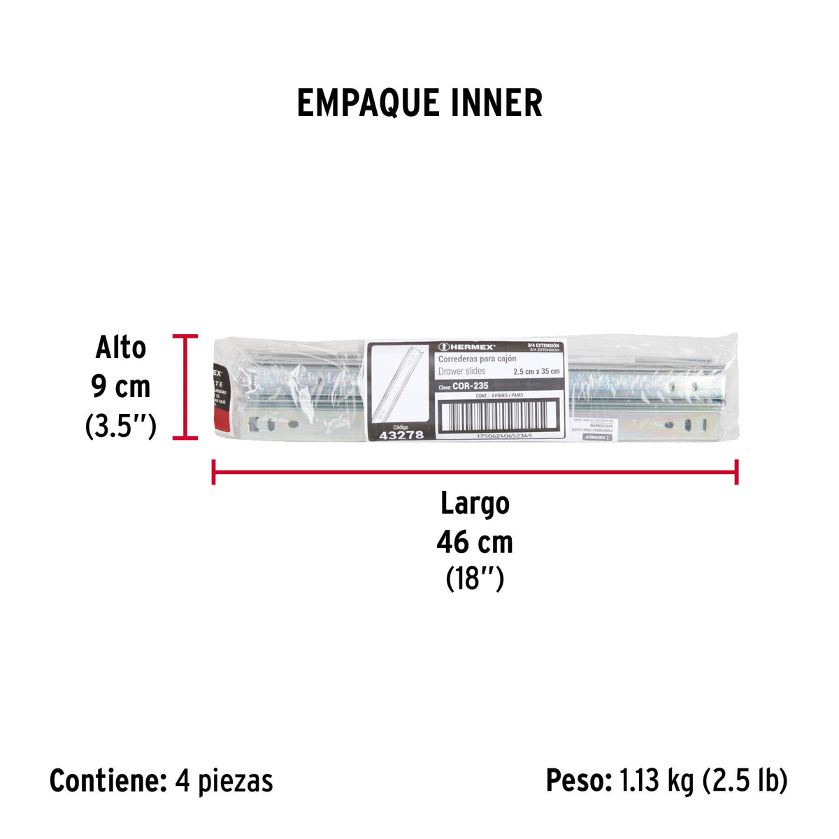Corredera embalada para cajón, apertura 3/4- 35 cm, 2 pzas