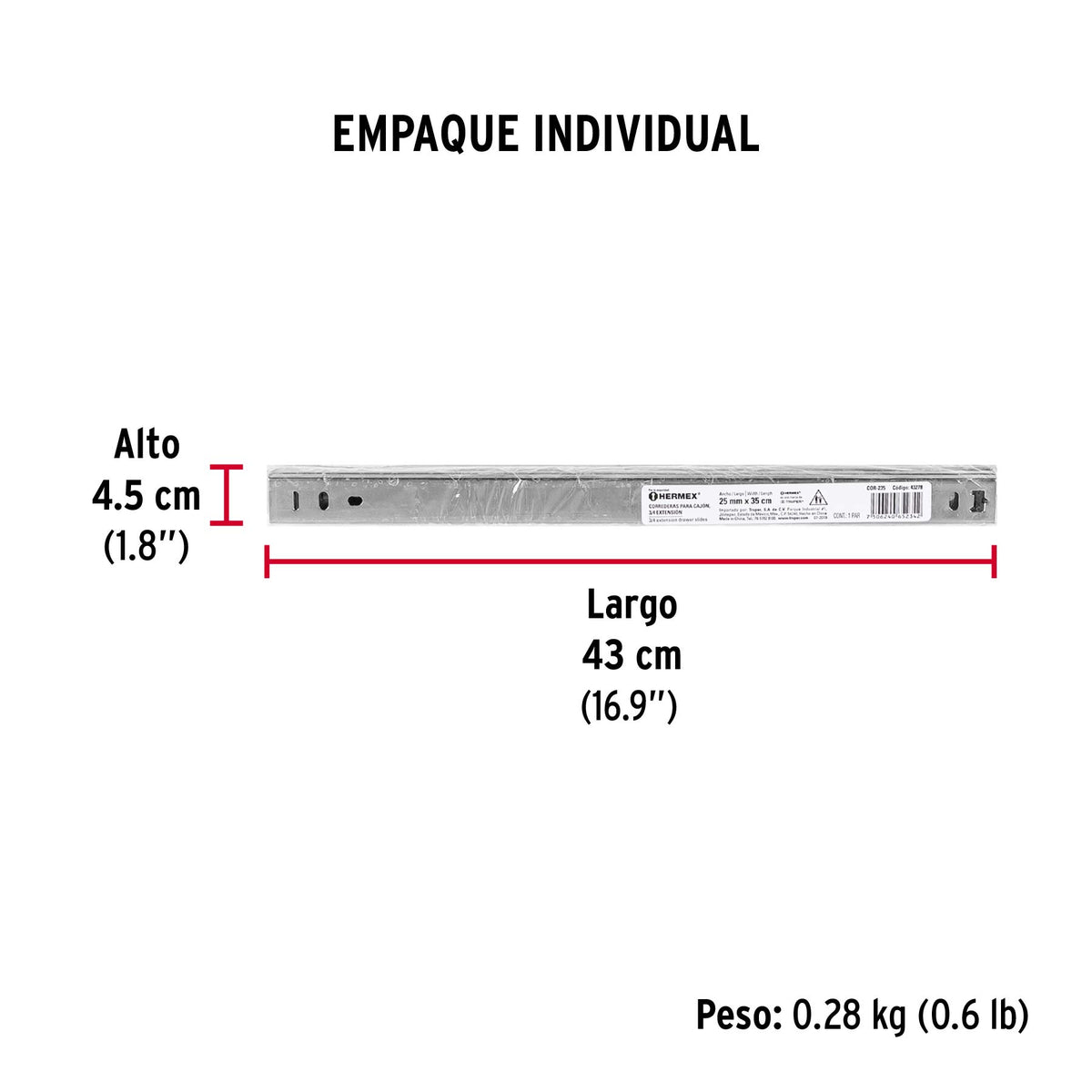 Corredera embalada para cajón, apertura 3/4- 35 cm, 2 pzas