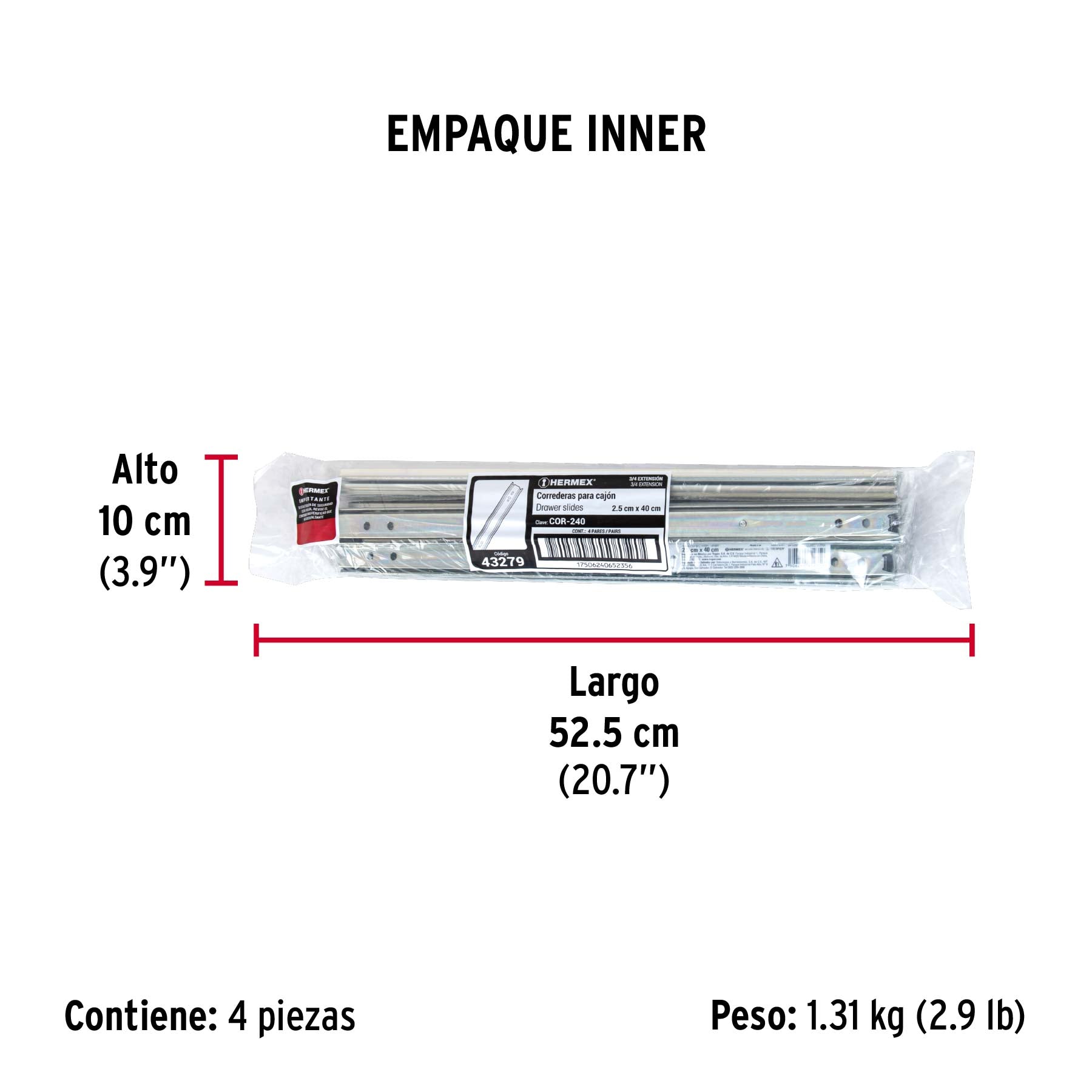 Corredera embalada para cajón, apertura 3/4- 40 cm, 2 pzas
