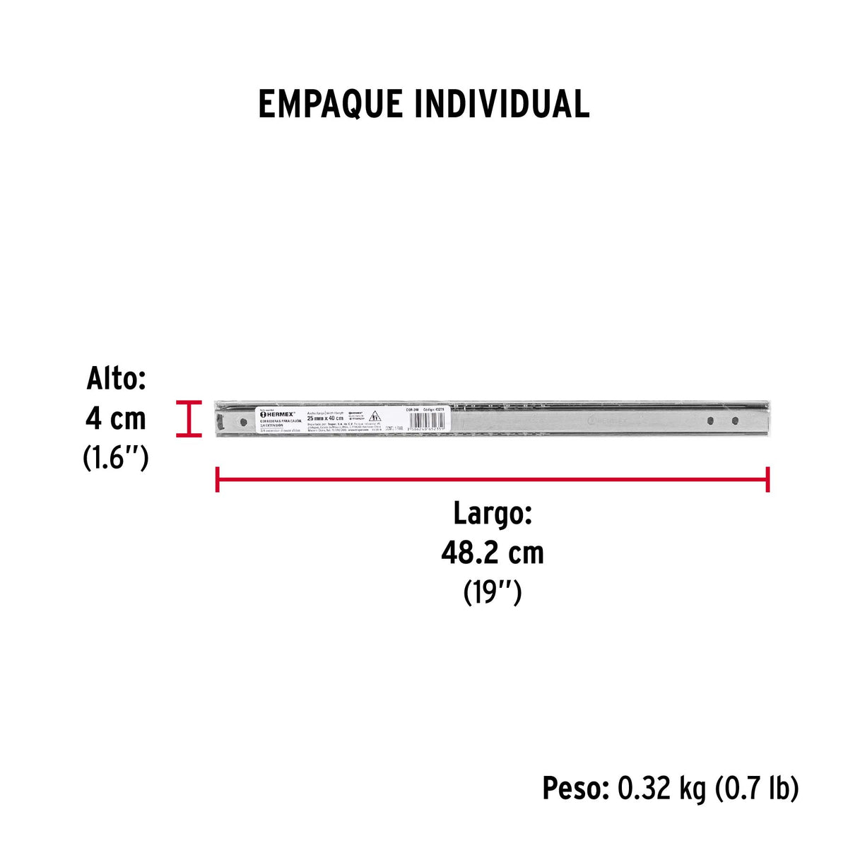 Corredera embalada para cajón, apertura 3/4- 40 cm, 2 pzas