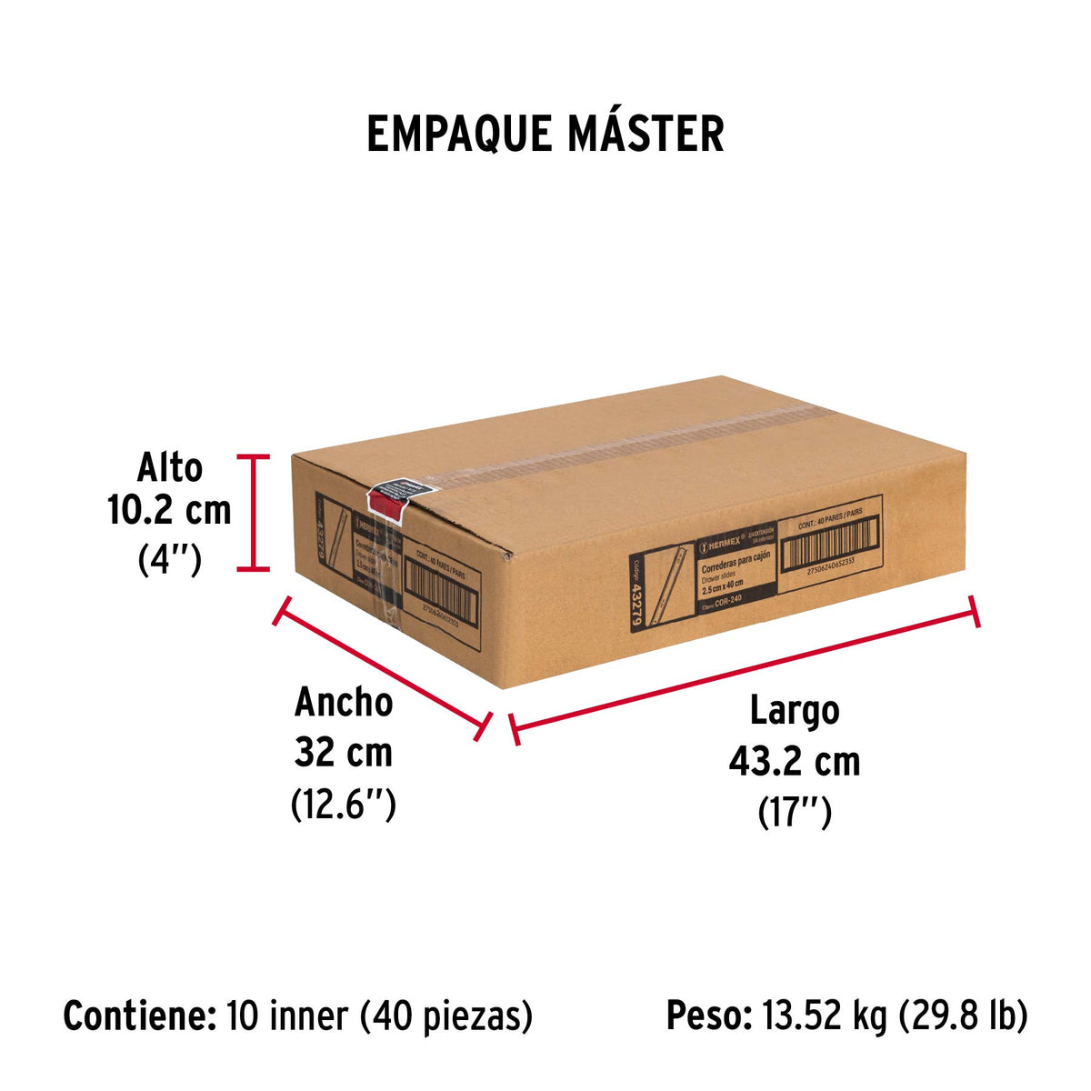 Corredera embalada para cajón, apertura 3/4- 40 cm, 2 pzas