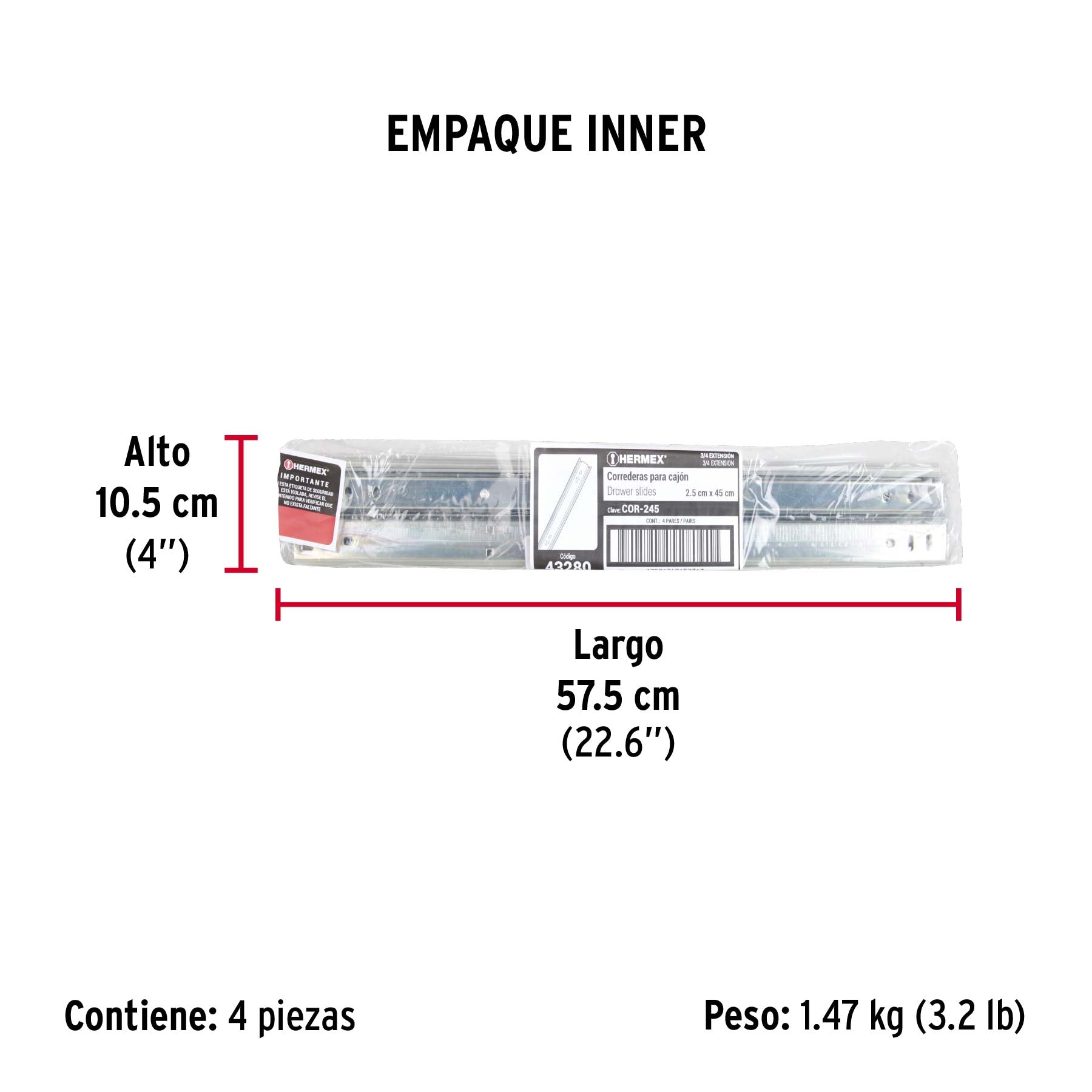 Corredera embalada para cajón, apertura 3/4- 45 cm, 2 pzas