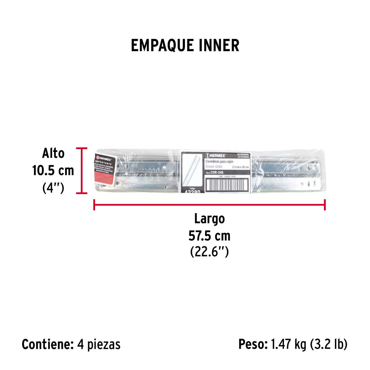 Corredera embalada para cajón, apertura 3/4- 45 cm, 2 pzas