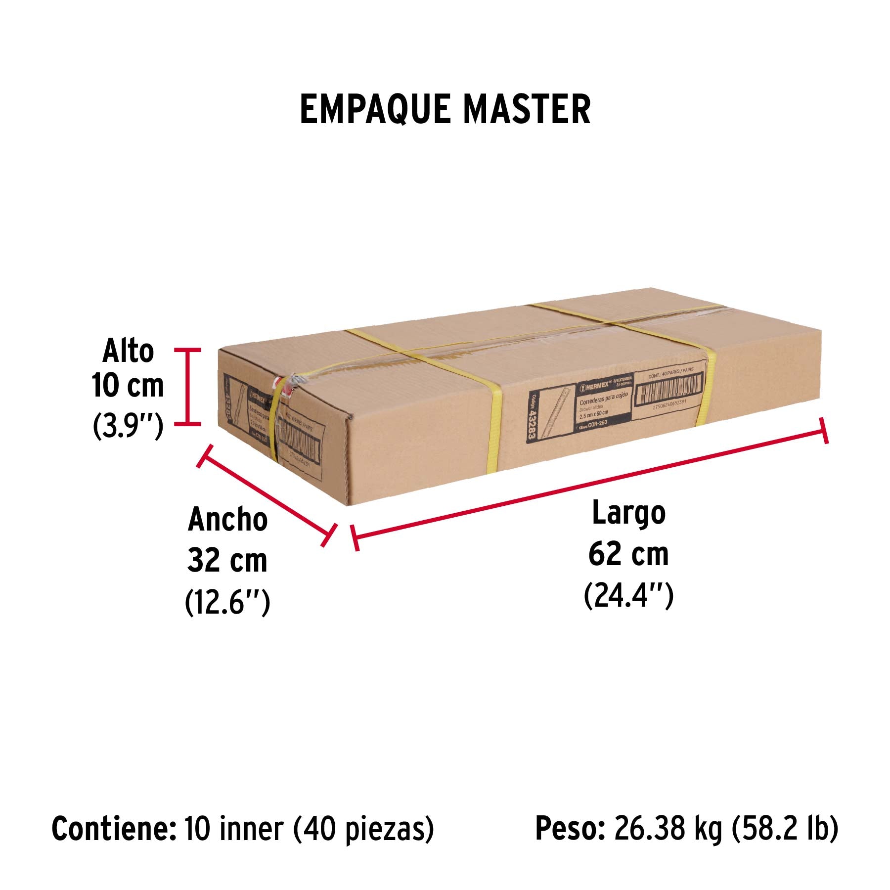 Corredera embalada para cajón, apertura 3/4- 60 cm, 2 pzas