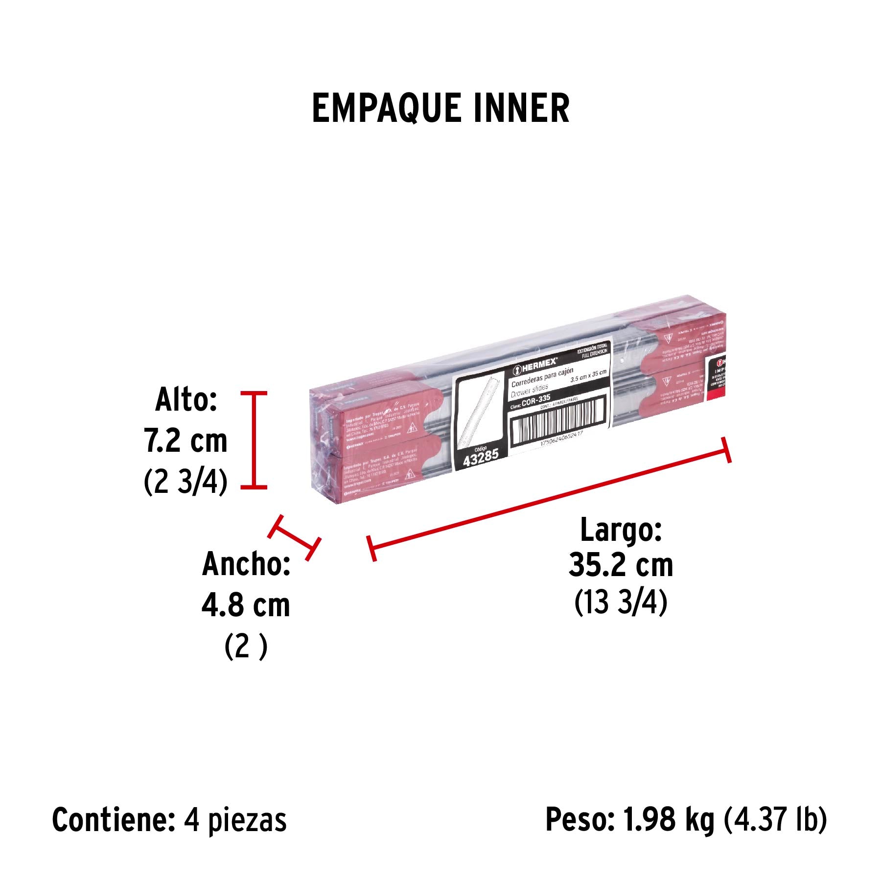 Corredera de extensión total 35mm, para cajón, 35cm, 2 pzas