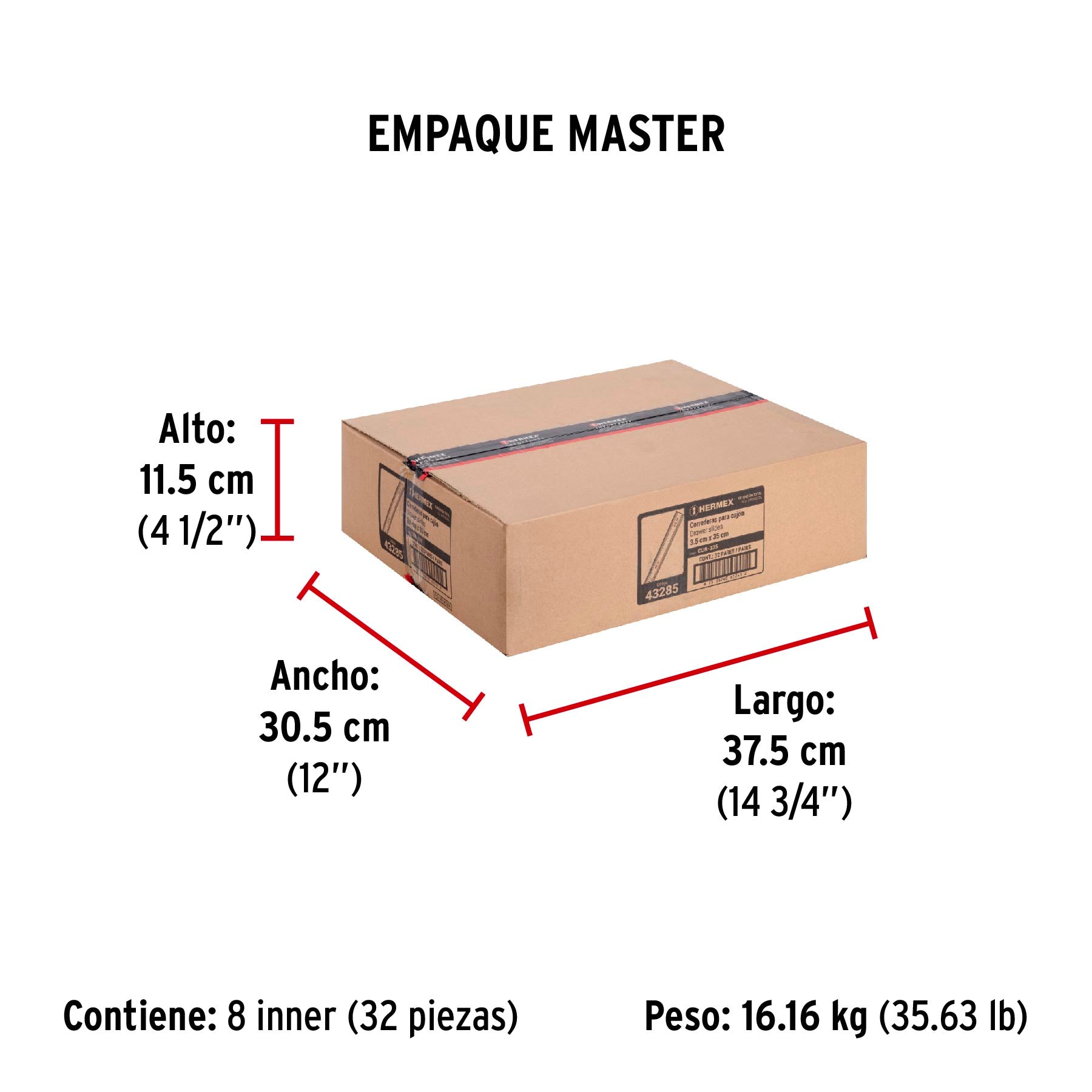 Corredera de extensión total 35mm, para cajón, 35cm, 2 pzas