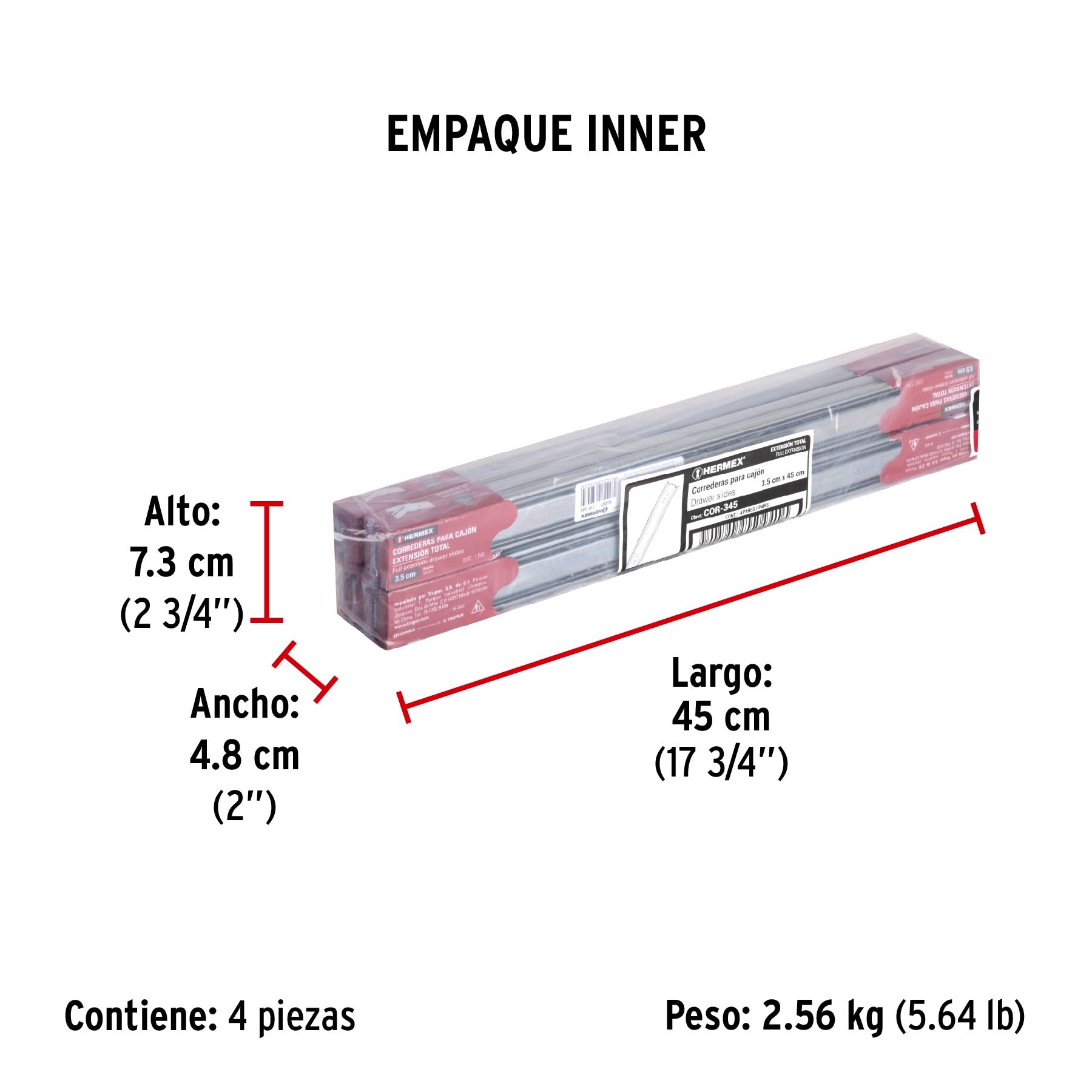 Corredera de extensión total 35mm, para cajón, 45cm, 2 pzas