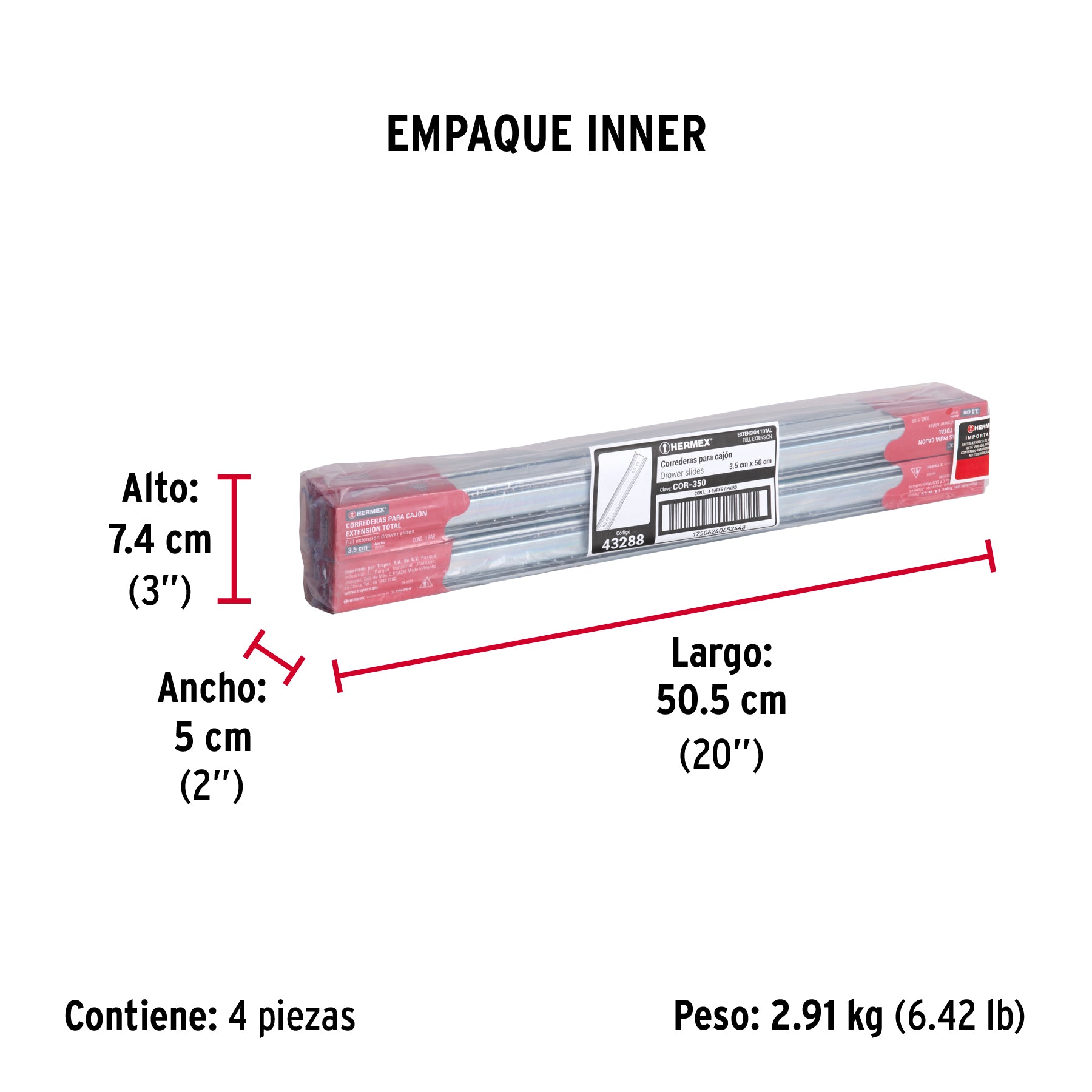 Corredera de extensión total 35mm, para cajón, 50cm, 2 pzas