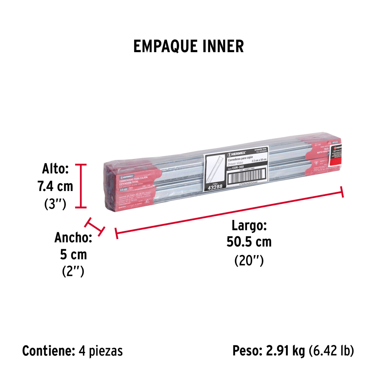 Corredera de extensión total 35mm, para cajón, 50cm, 2 pzas