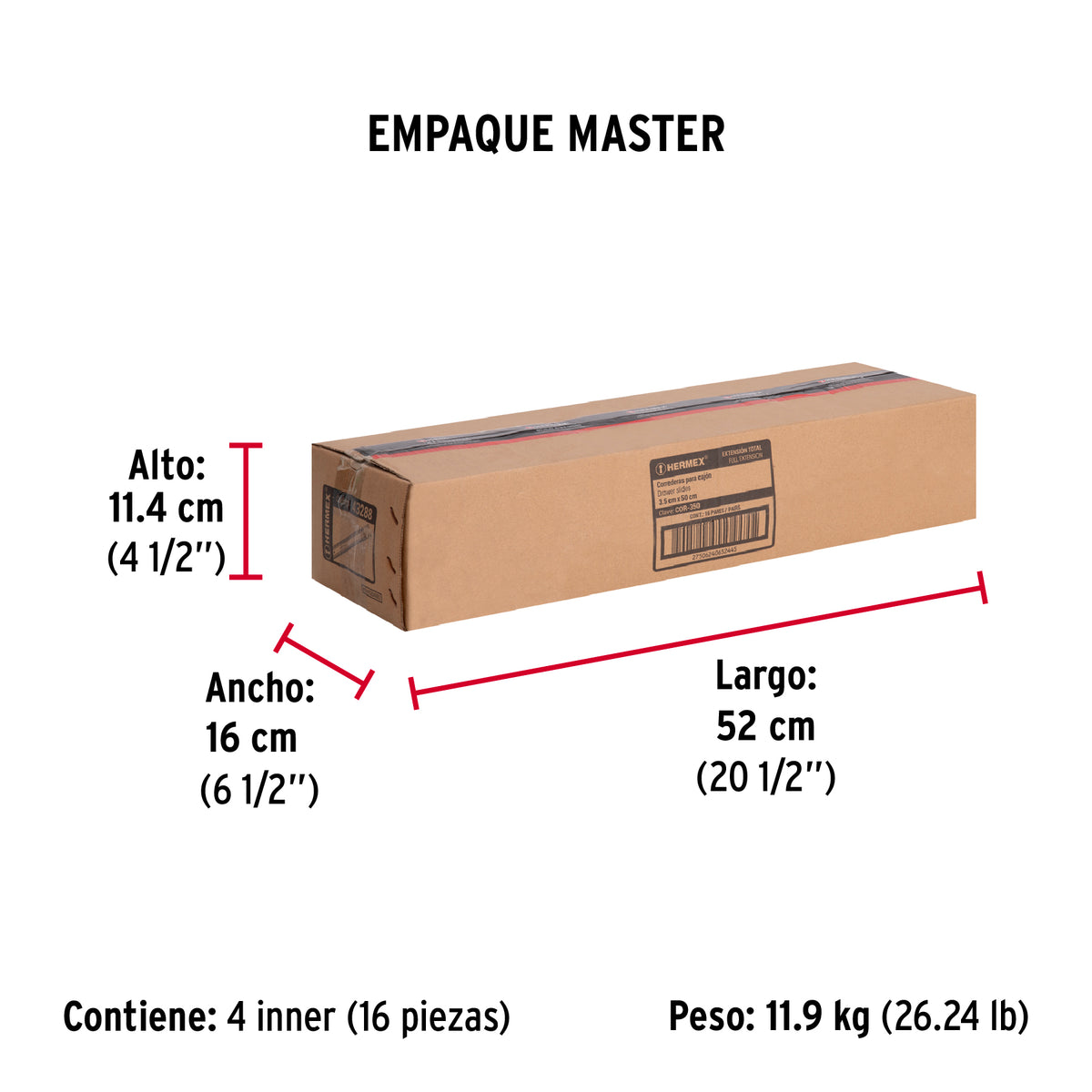 Corredera de extensión total 35mm, para cajón, 50cm, 2 pzas