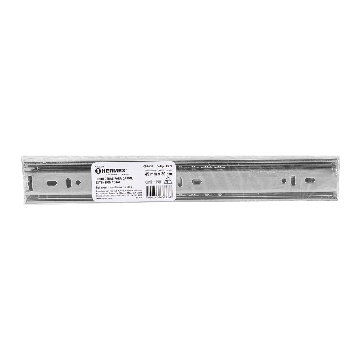 Corredera de extensión total 45mm, para cajón, 30cm, 2 pzas