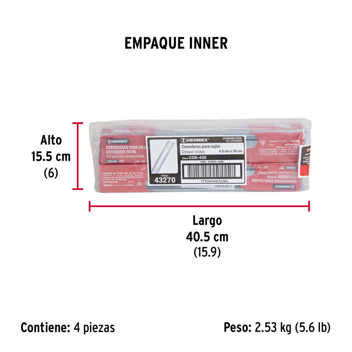 Corredera de extensión total 45mm, para cajón, 30cm, 2 pzas