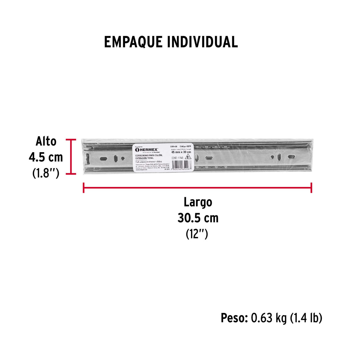 Corredera de extensión total 45mm, para cajón, 30cm, 2 pzas