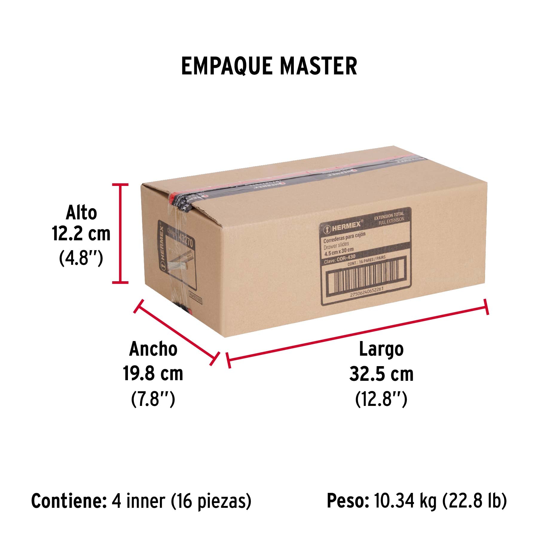 Corredera de extensión total 45mm, para cajón, 30cm, 2 pzas