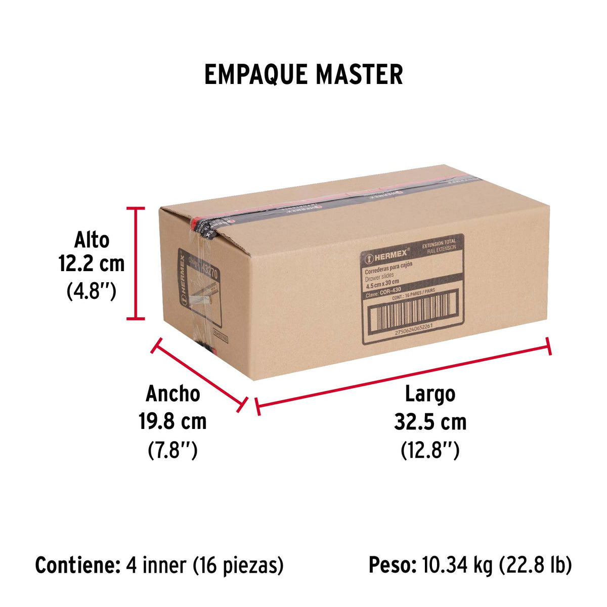 Corredera de extensión total 45mm, para cajón, 30cm, 2 pzas