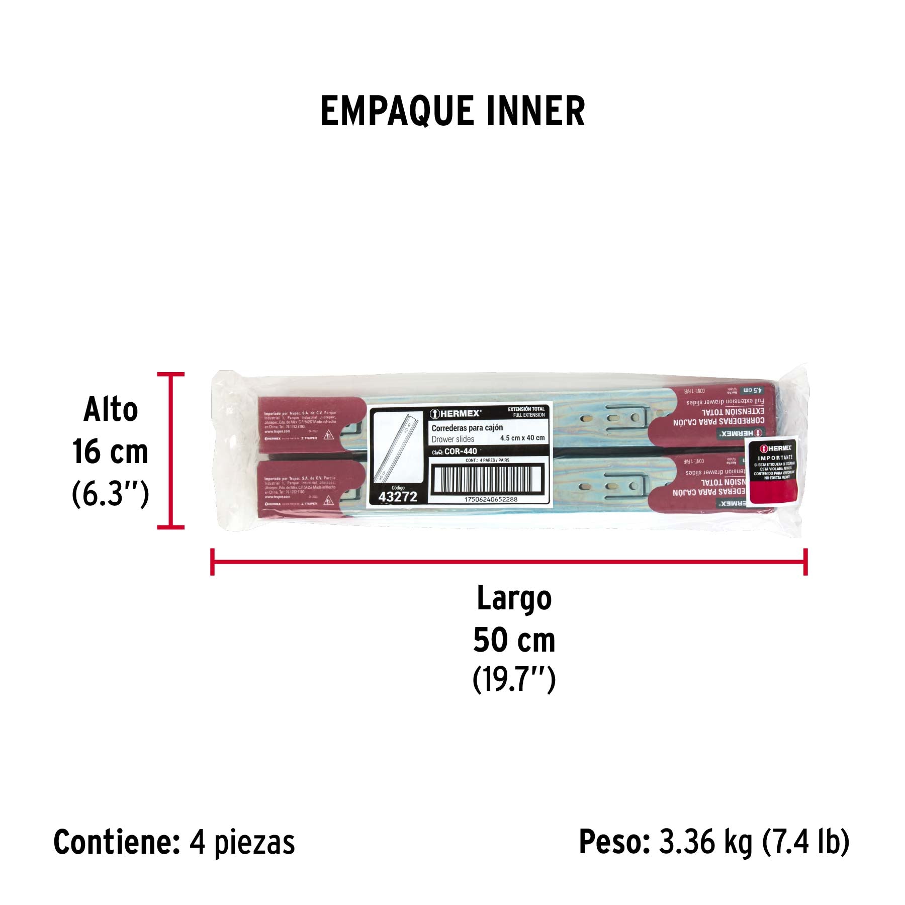 Corredera de extensión total 45mm, para cajón, 40cm, 2 pzas