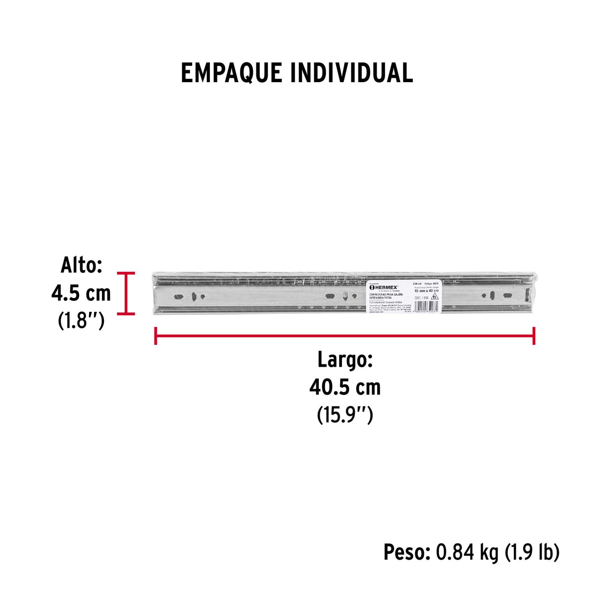 Corredera de extensión total 45mm, para cajón, 40cm, 2 pzas